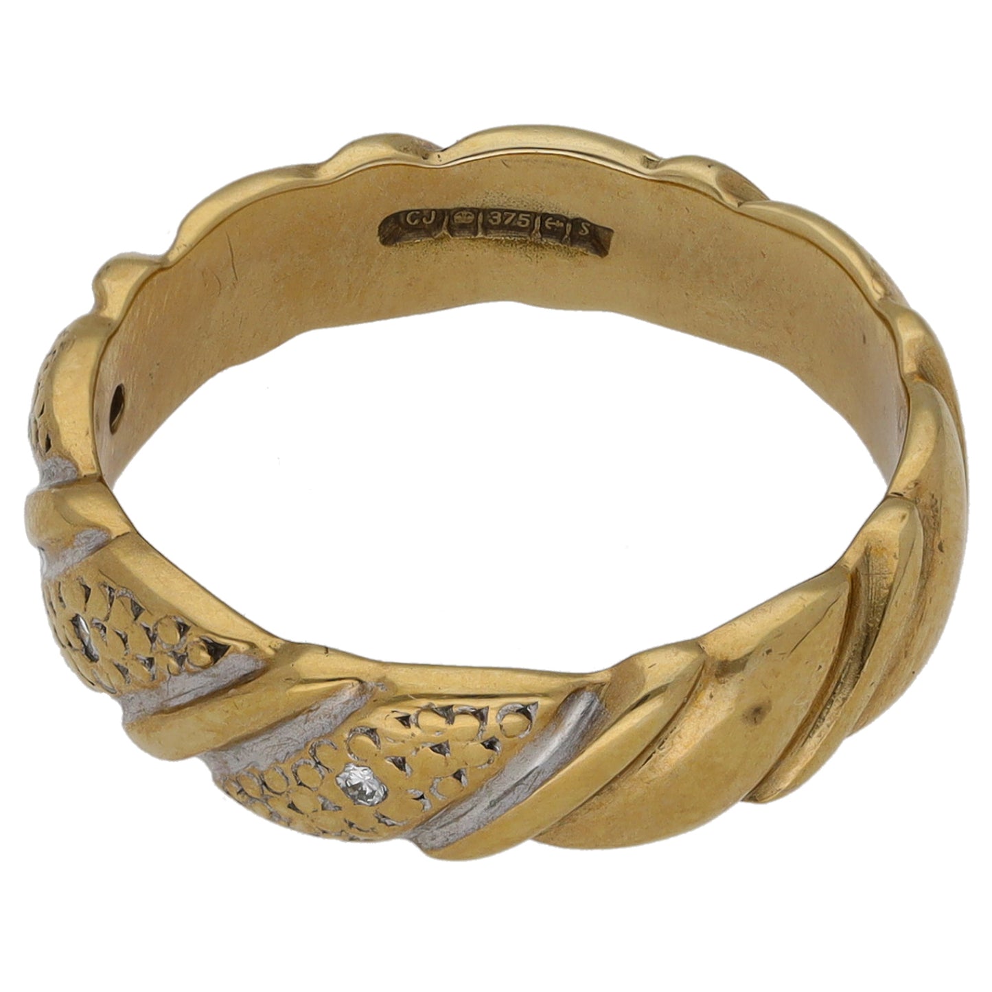9ct Bicolour Gold 0.025ct Diamond Patterned Wedding Ring Size N