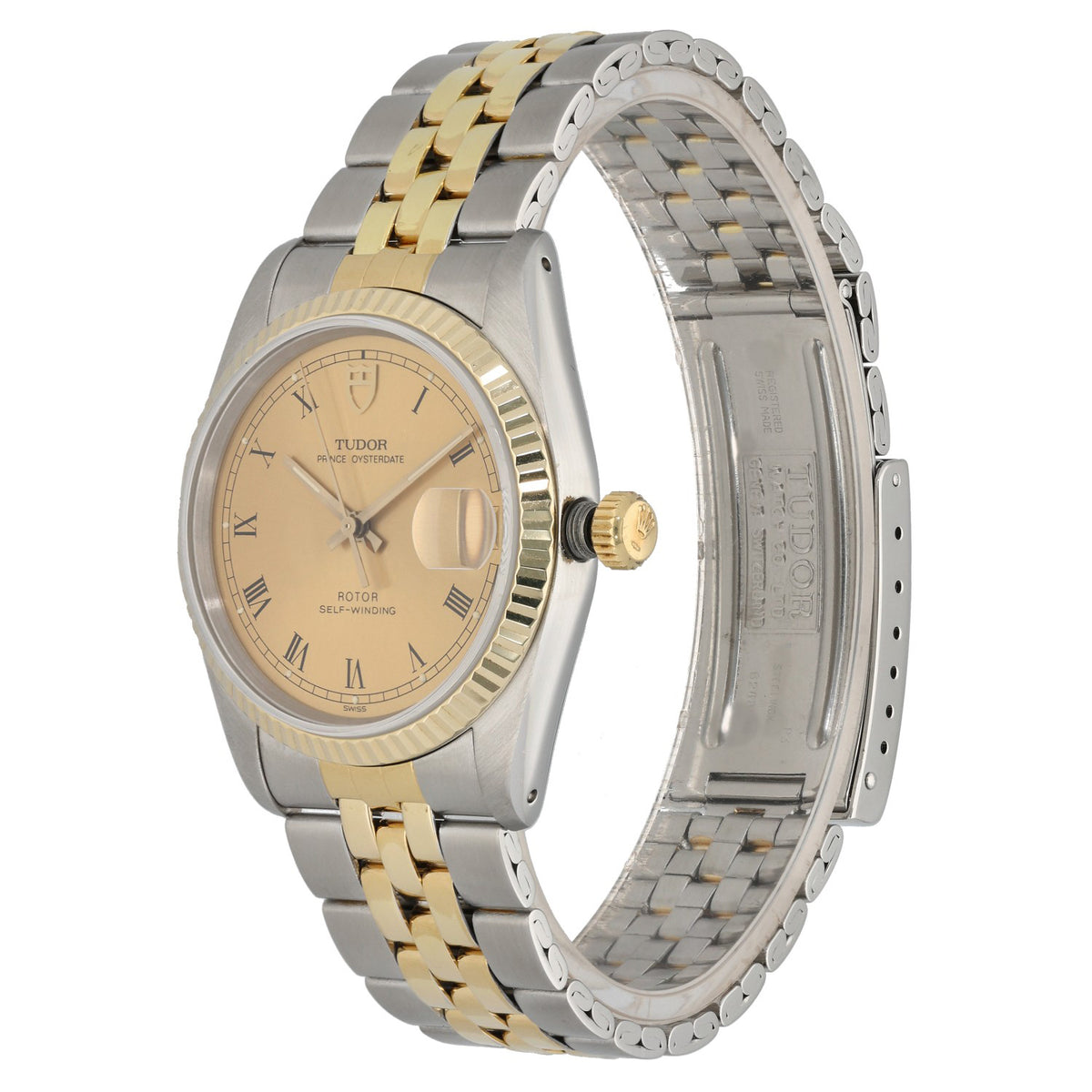 Tudor Prince Date 74033 , champagne dial watch with steel and gold bracelet, image showing the gold crown