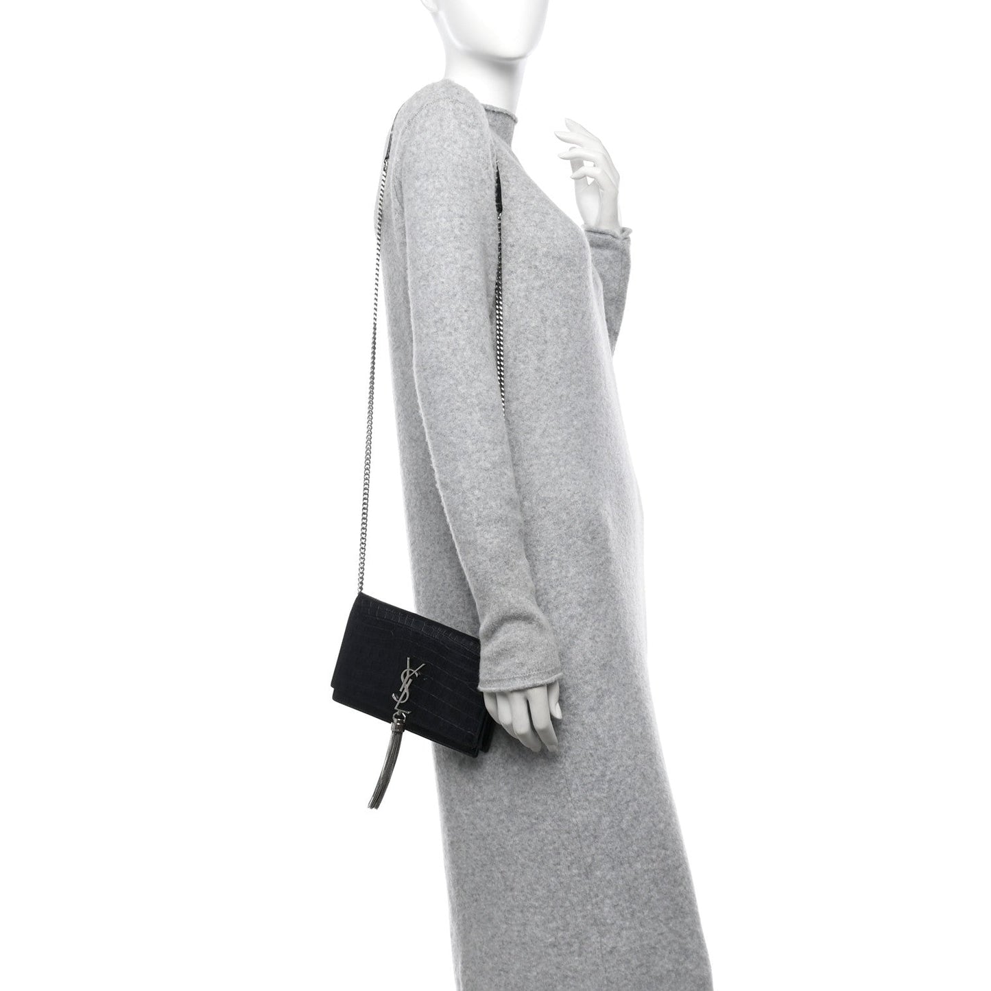Yves Saint Laurent Small Kate Tassel Calfskin Crocodile Embossed Leather Bag - Black