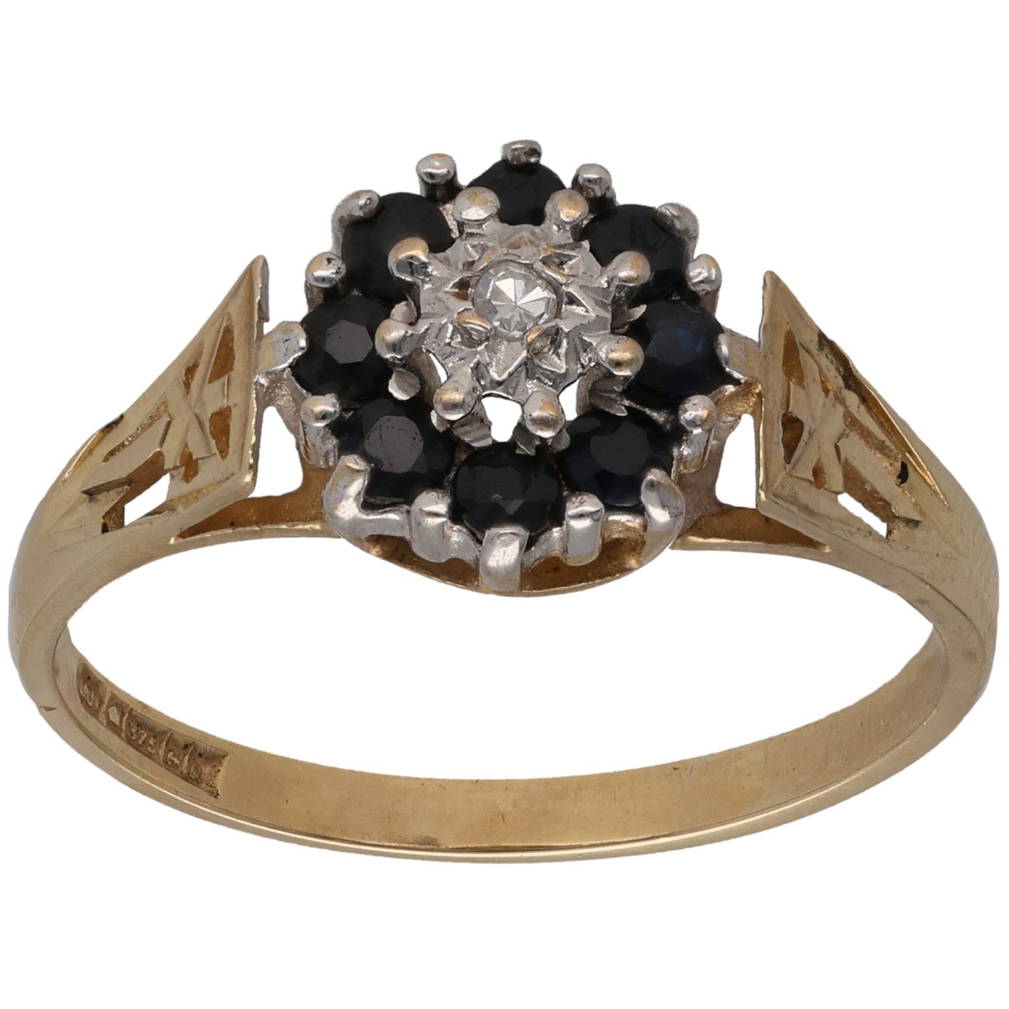 9ct Gold Sapphire & 0.03ct Diamond Cluster Ring Size R