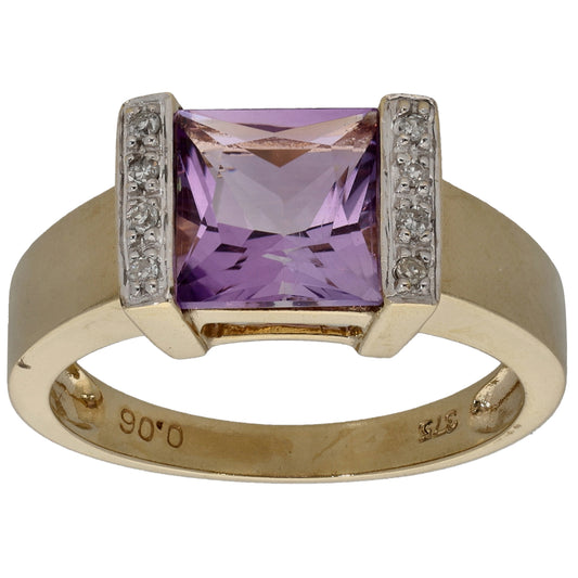 9ct Bicolour Gold 0.04ct Diamond & Amethyst Dress/Cocktail Ring Size P