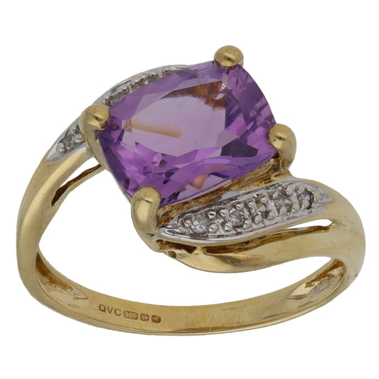 9ct Gold Amethyst & 0.05ct Diamond Dress/Cocktail Ring Size L