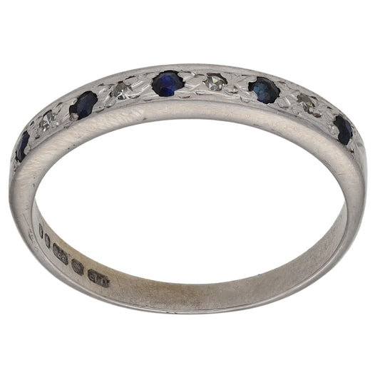9ct White Gold Sapphire & 0.02ct Diamond Half Eternity Ring Size O