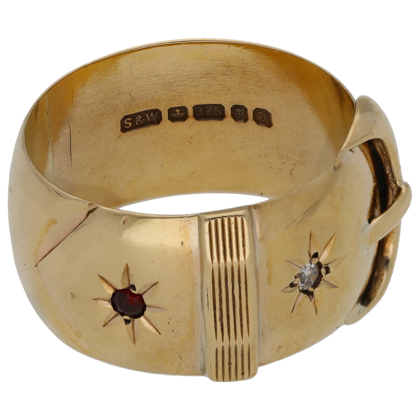9ct Gold Garnet & 0.03ct Diamond Buckle Ring Size U