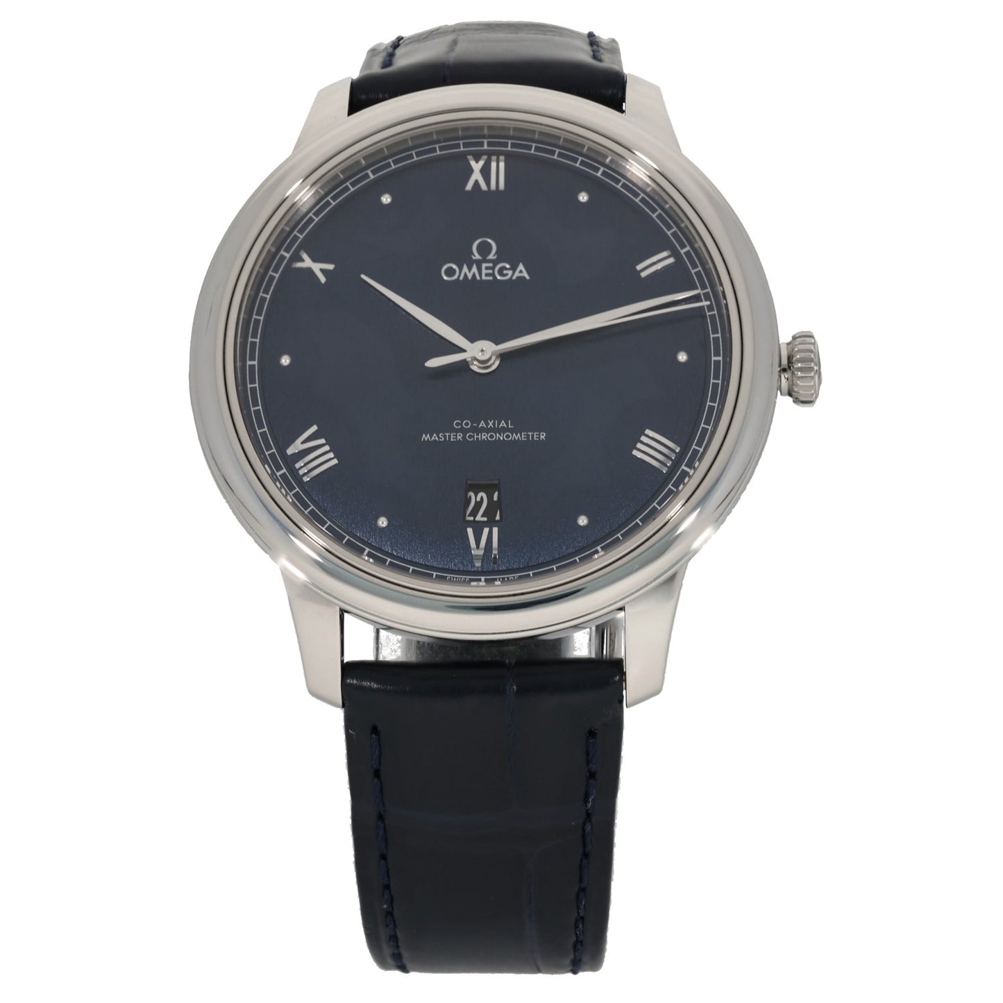 Omega De Ville Prestige 434.13.40.20.03.001, blue dial, stainless steel, black leather bracelet