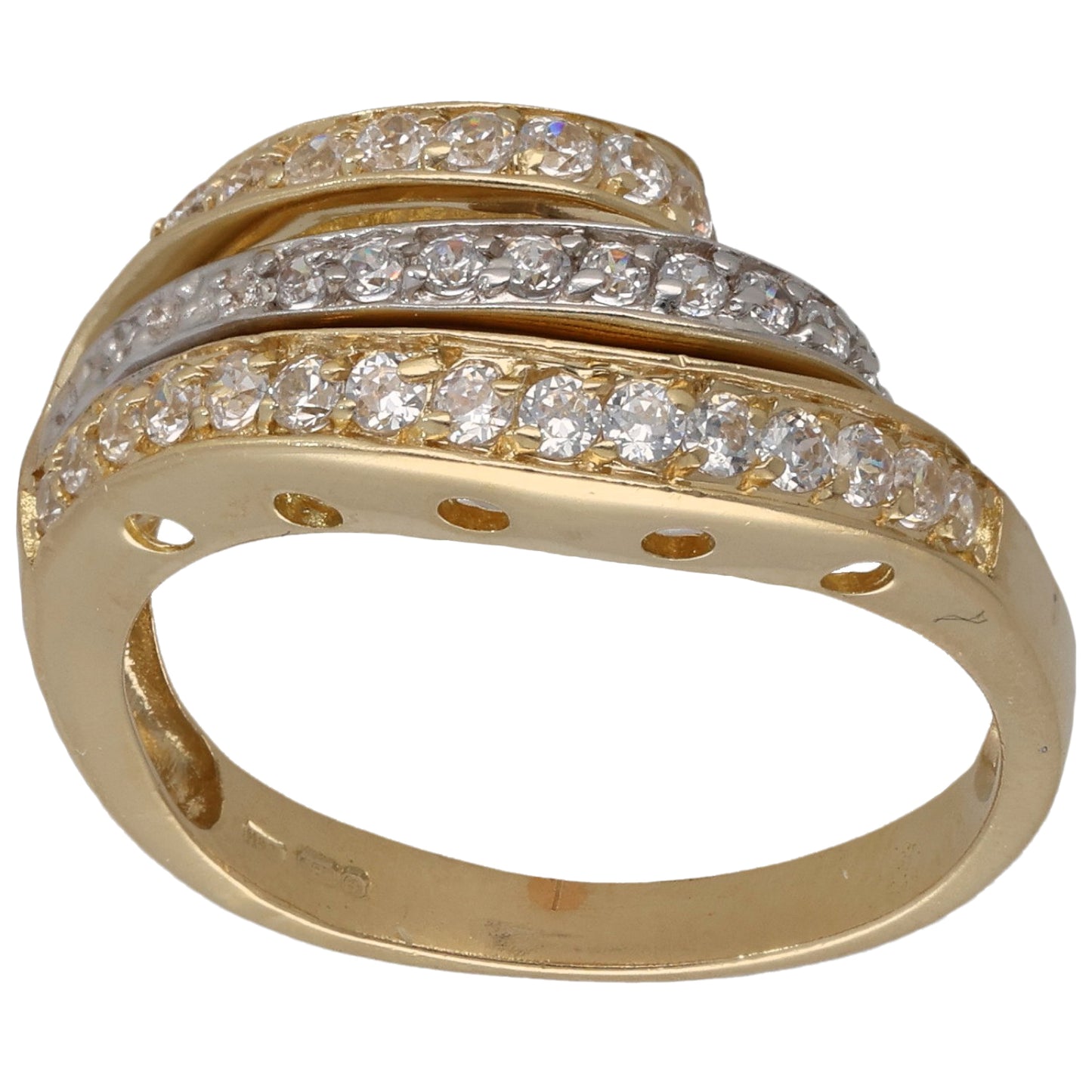 Gold-tone CZ band ring with three rows of round clear stones, size L