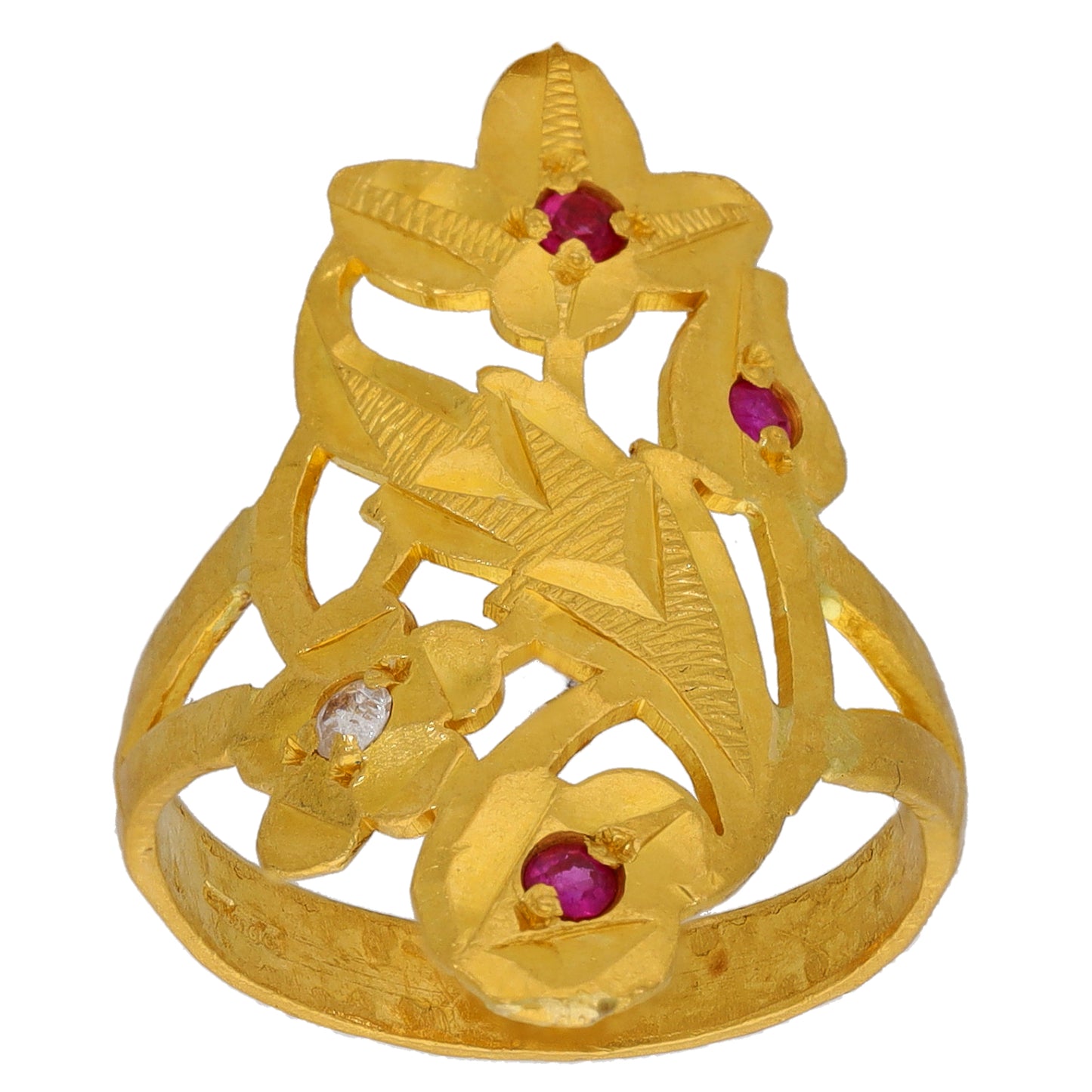 22ct Gold-tone openwork ring with floral filigree and red and clear gemstone accents