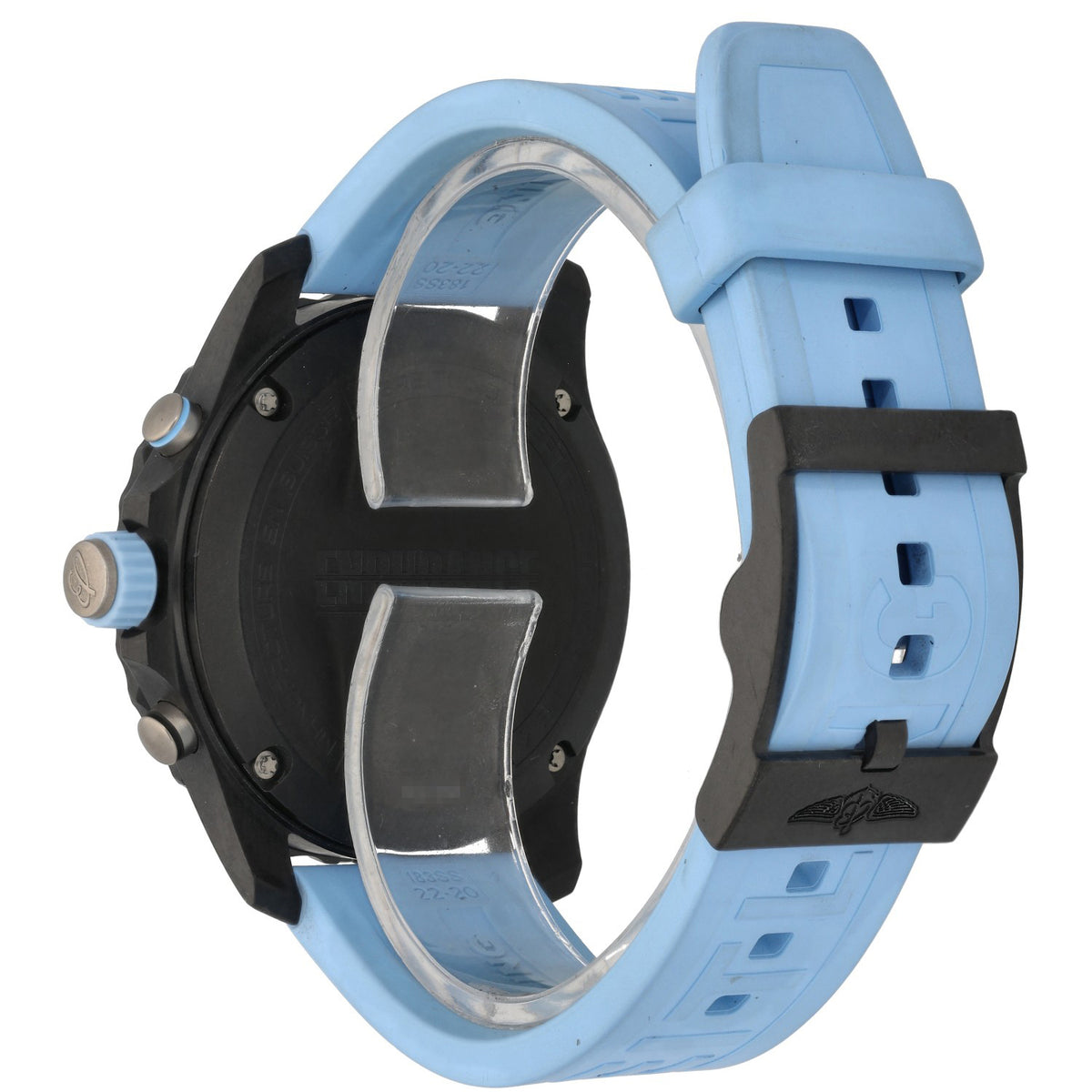 Breitling Endurance Pro X82310 Back of chronograph watch with black case back and light blue silicone strap