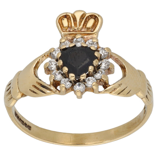 9ct Gold Sapphire & Cubic Zirconia Claddagh Ring Size P