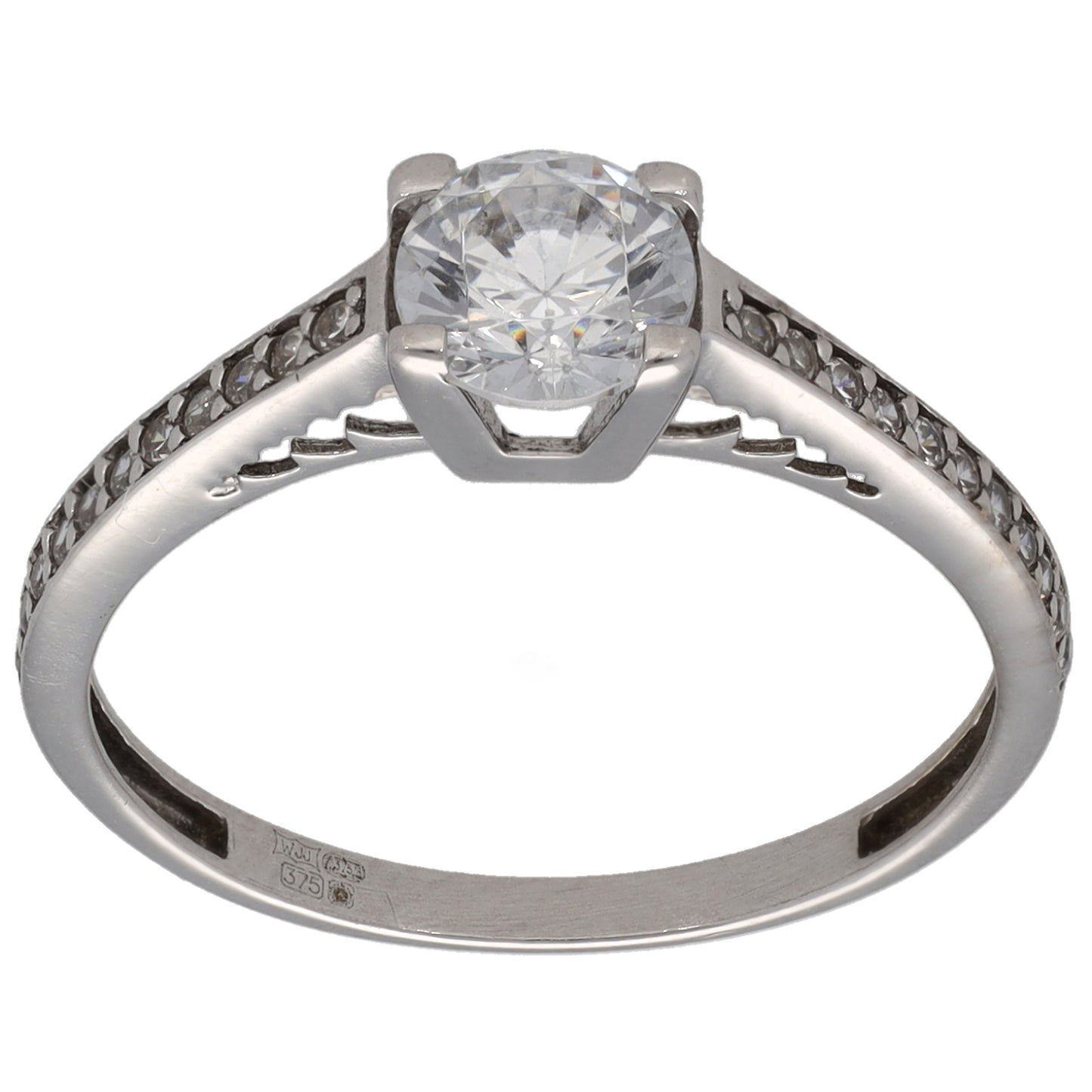 9ct White Gold Cubic Zirconia Single Stone Ring With Accents Size M