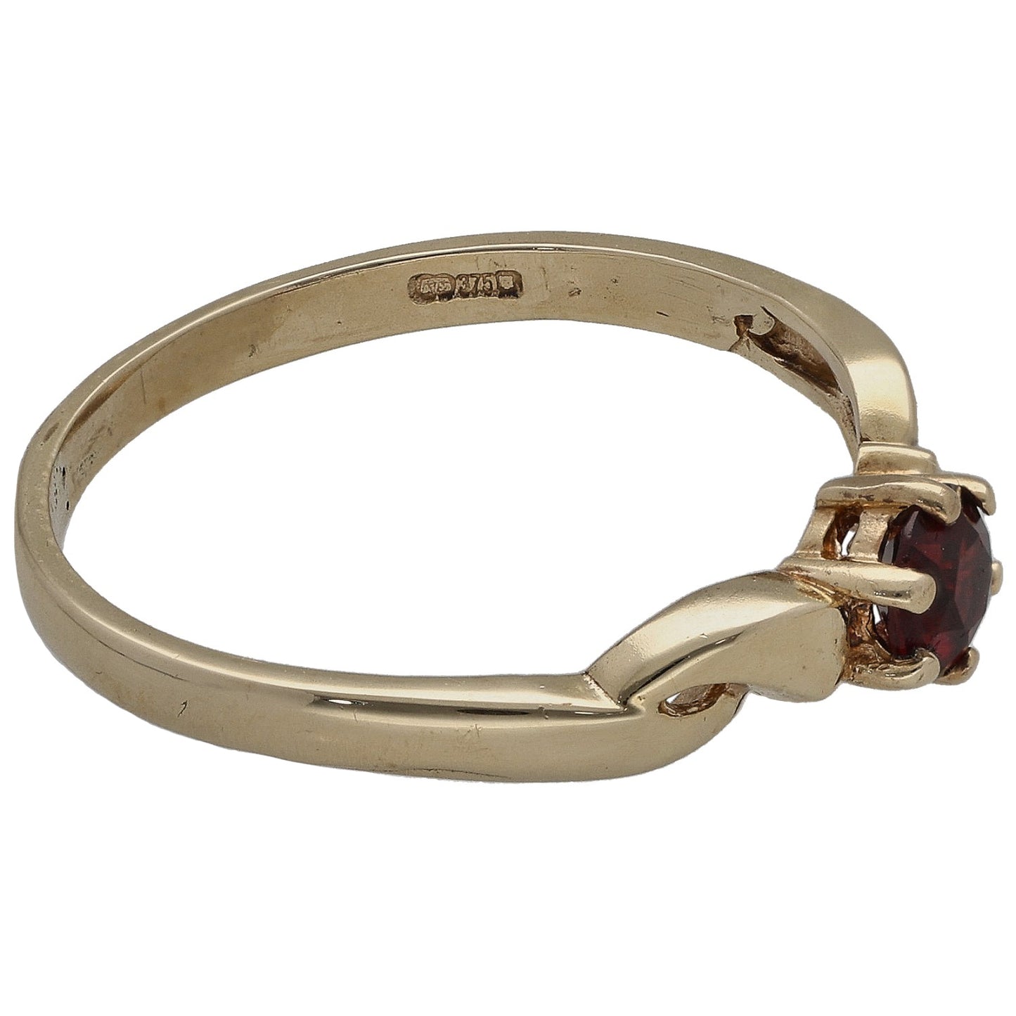9ct gold garnet ring, side view with dark red single stone in a raised setting