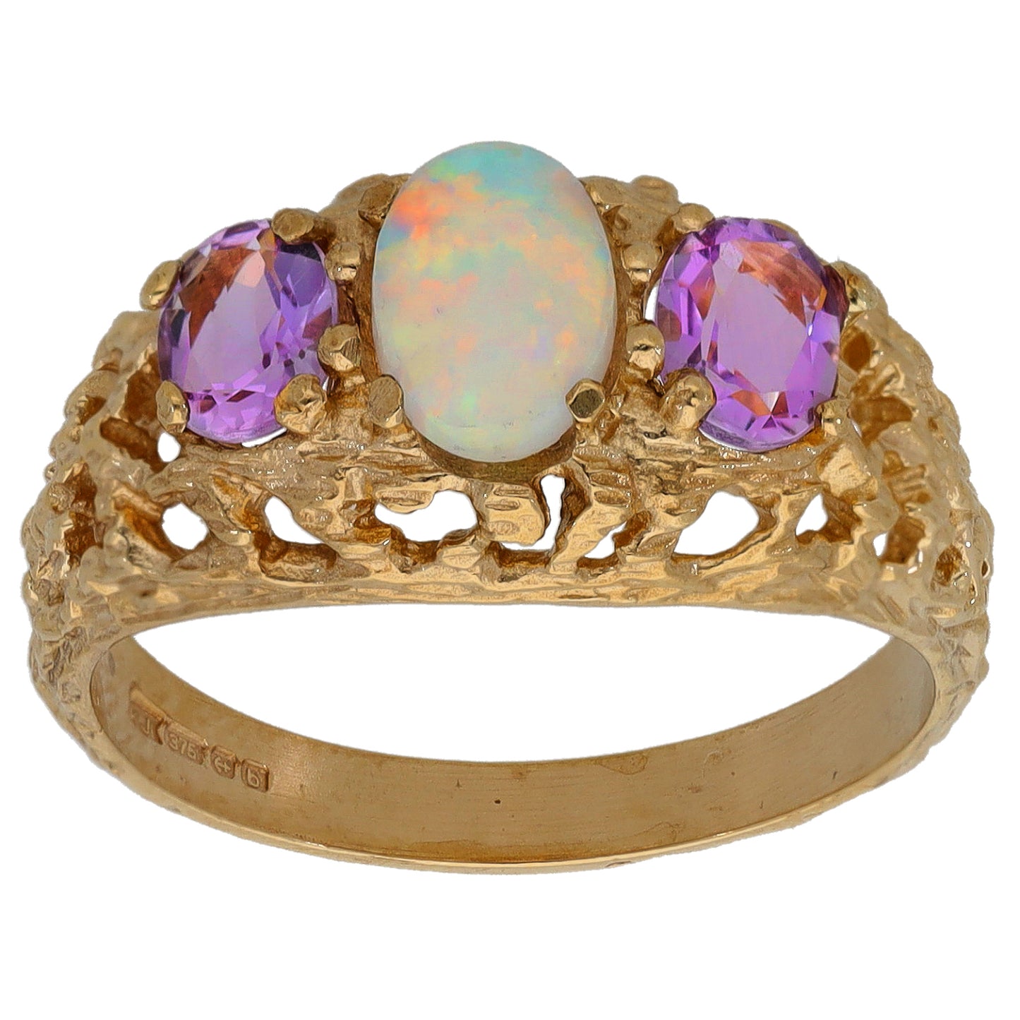 9ct Gold Opal & Amethyst Trilogy Ring Size N