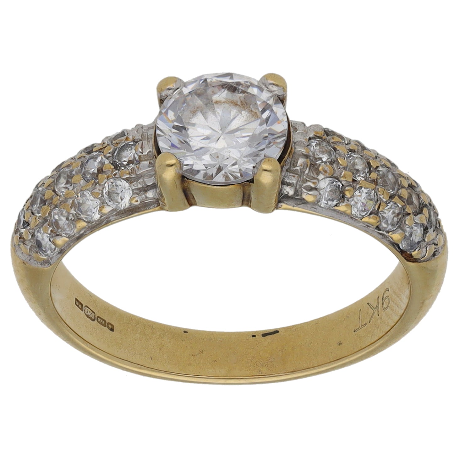 9ct Gold Cubic Zirconia Single Stone Ring with Accent Stones Size L