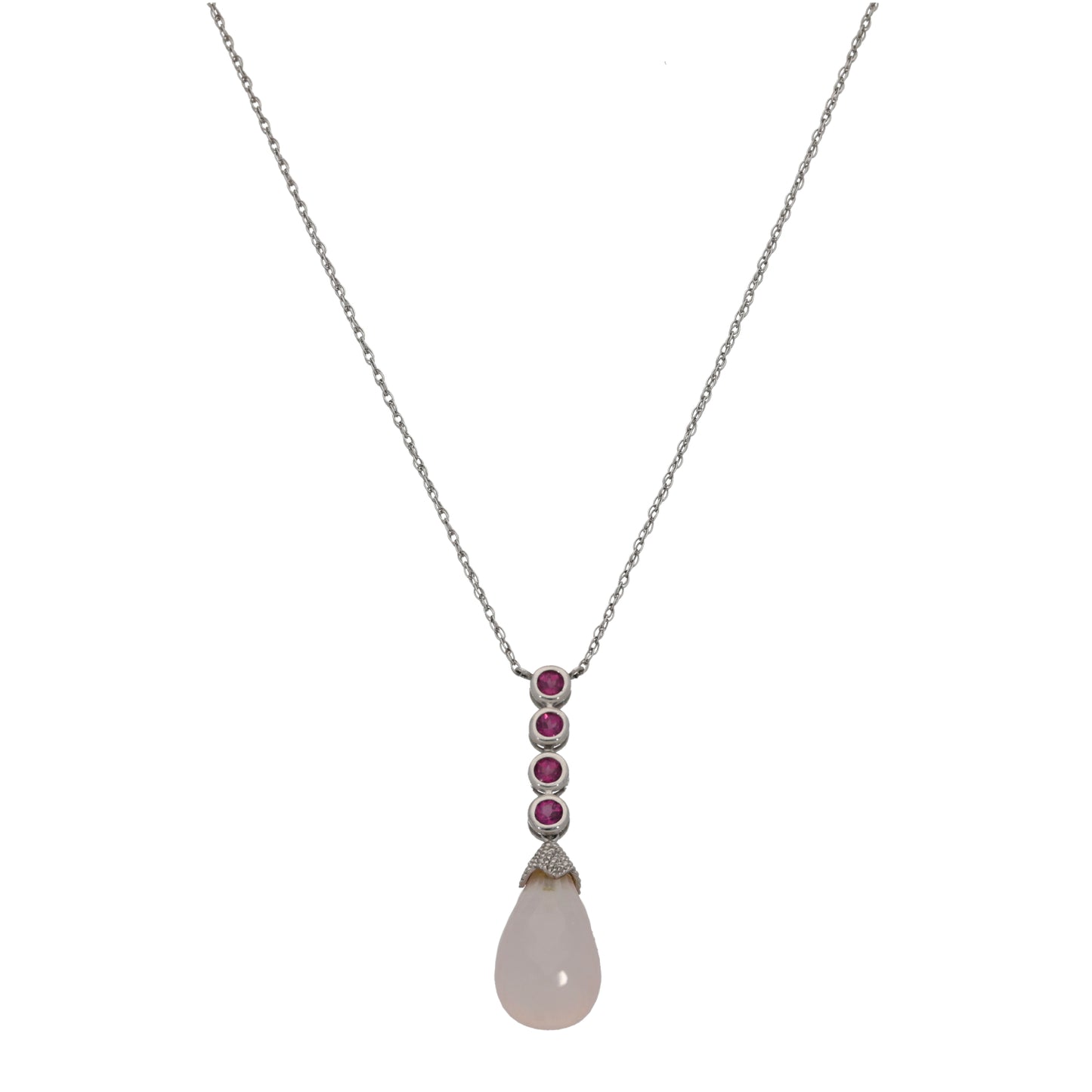 9ct White Gold Rose Quartz & Garnet Dress/Cocktail Pendant With Chain