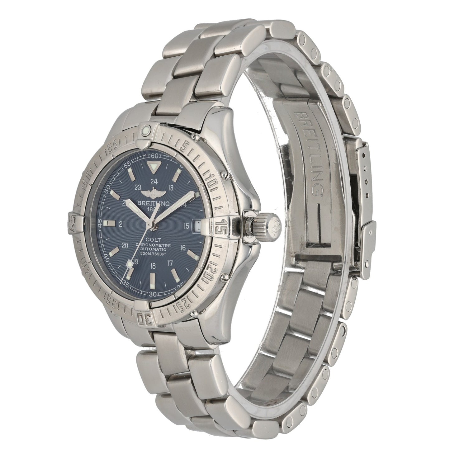Breitling Colt A17350 stainless steel watch with dark blue dial, side profile and metal bracelet