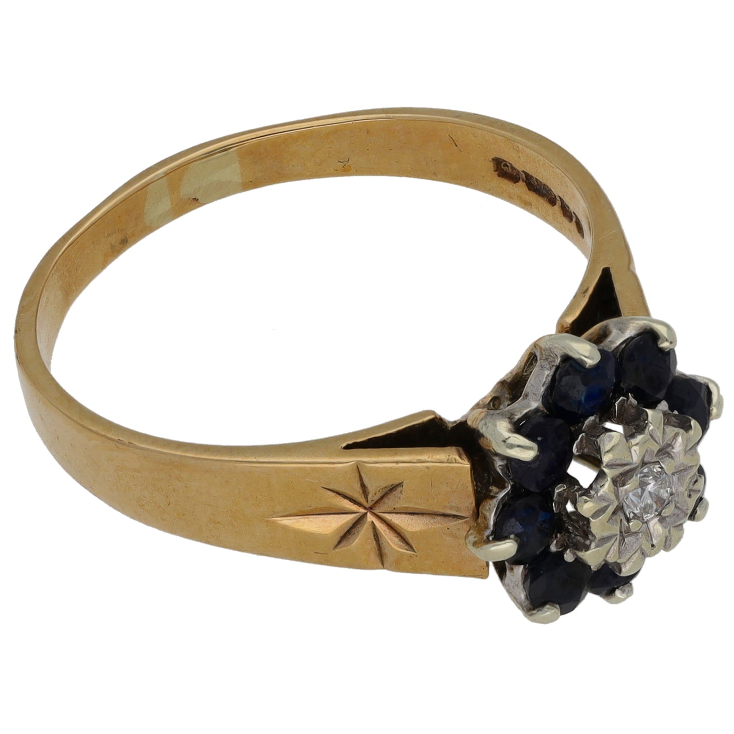 9ct Gold Sapphire & 0.04ct Diamond Cluster Ring Size Q