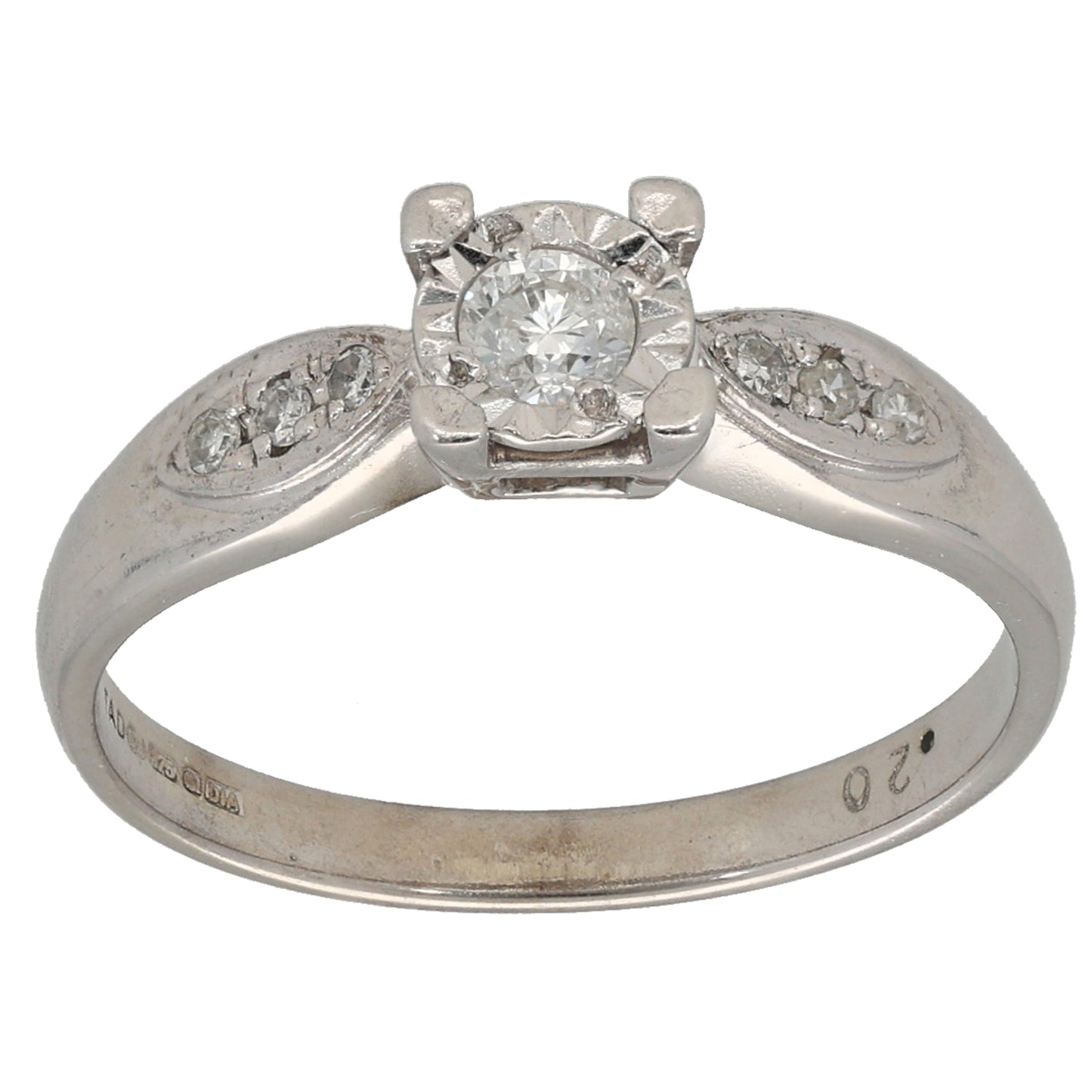 9ct White Gold 0.21ct Diamond Solitaire Ring With Accent Stones Size M