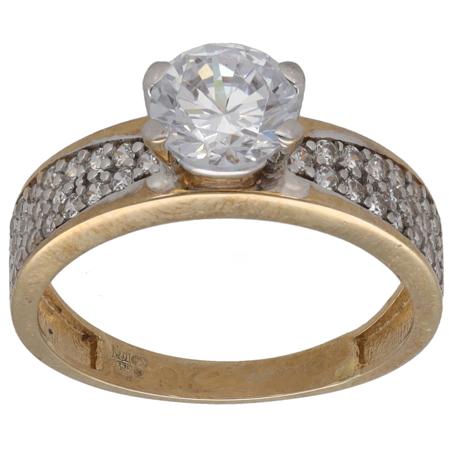 9ct Gold Cubic Zirconia Single Stone Ring With Accents Size M