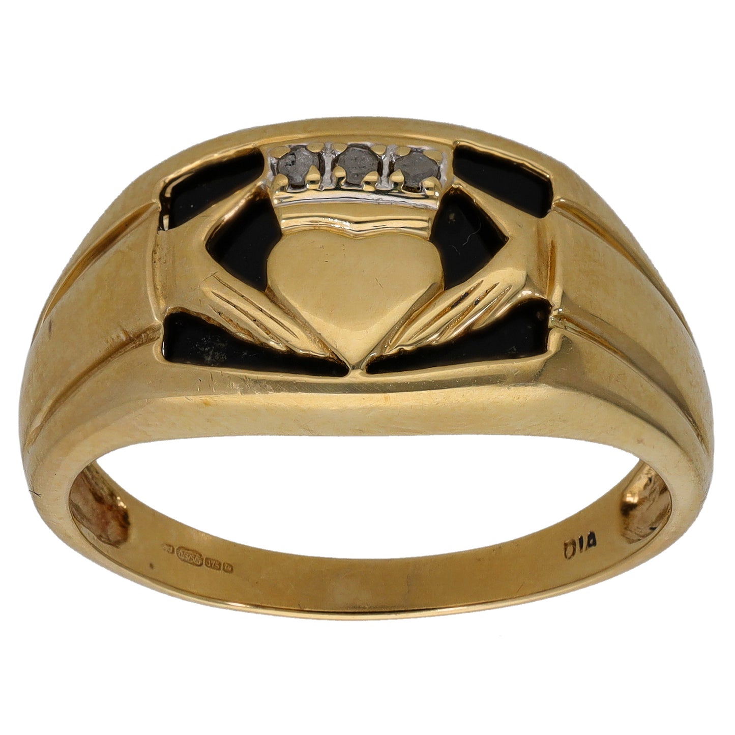 9ct Gold Onyx & 0.03ct Diamond Patterned Signet Ring Size V