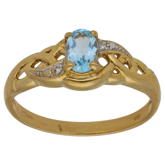 9ct Gold Topaz & 0.01ct Diamond Single Stone Ring with Accent Stones Size Q