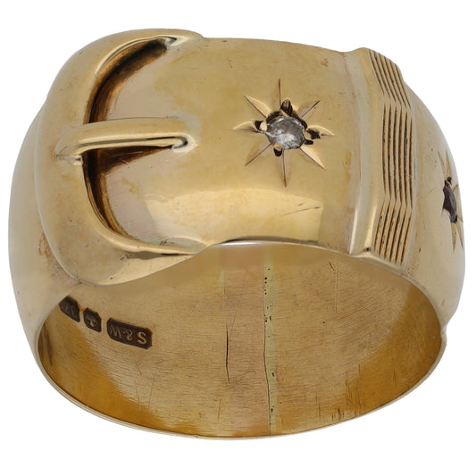 9ct Gold Garnet & 0.03ct Diamond Buckle Ring Size U