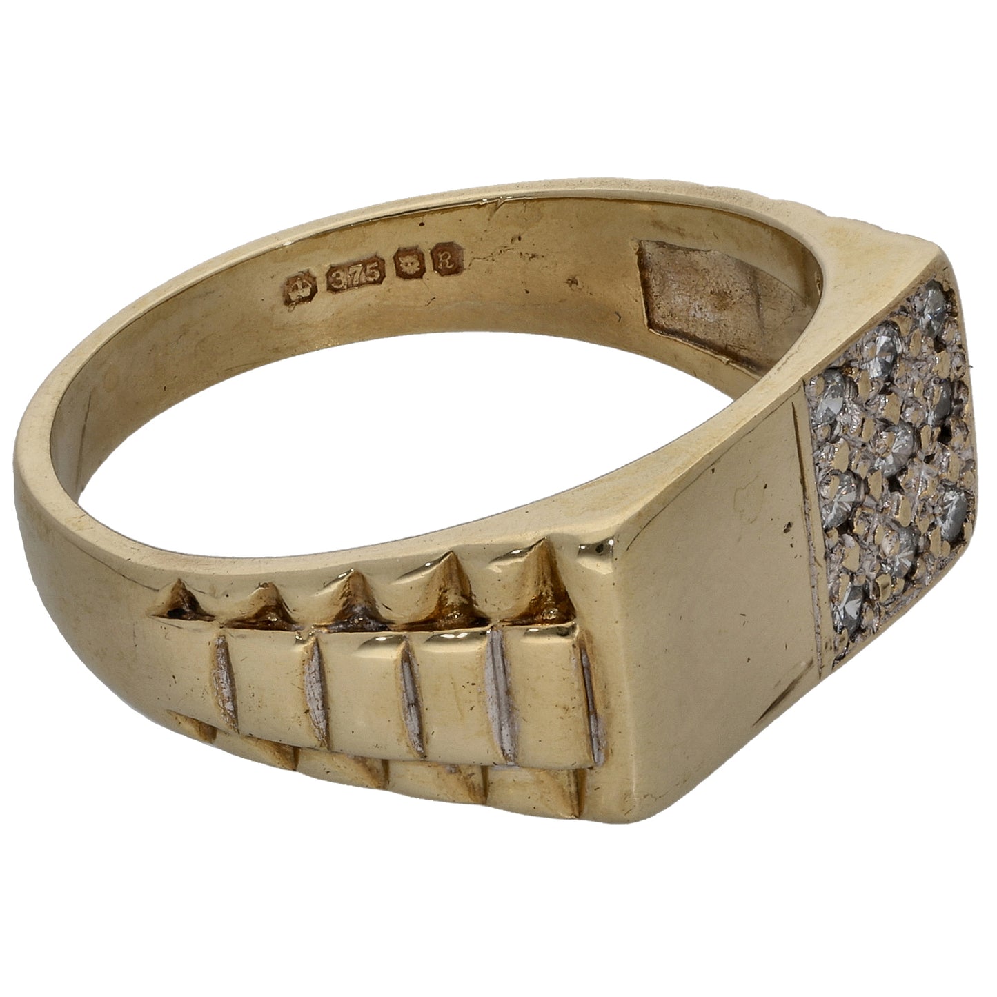 9ct Gold 0.18ct Diamond Patterned Signet Ring Size T