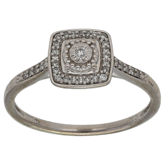 9ct White Gold 0.18ct Diamond Halo Ring Size O