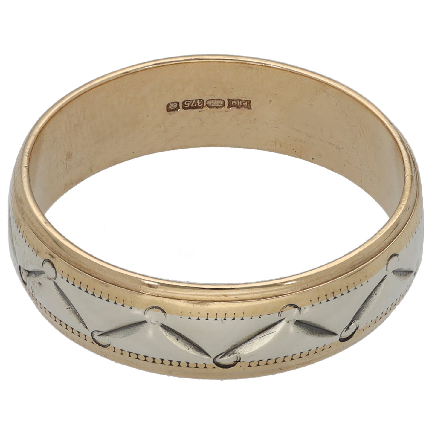 9ct Bi-Colour Gold Patterned Wedding Ring Size R