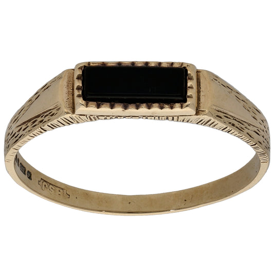 9ct Gold Onyx Patterned Single Stone Signet Ring Size S