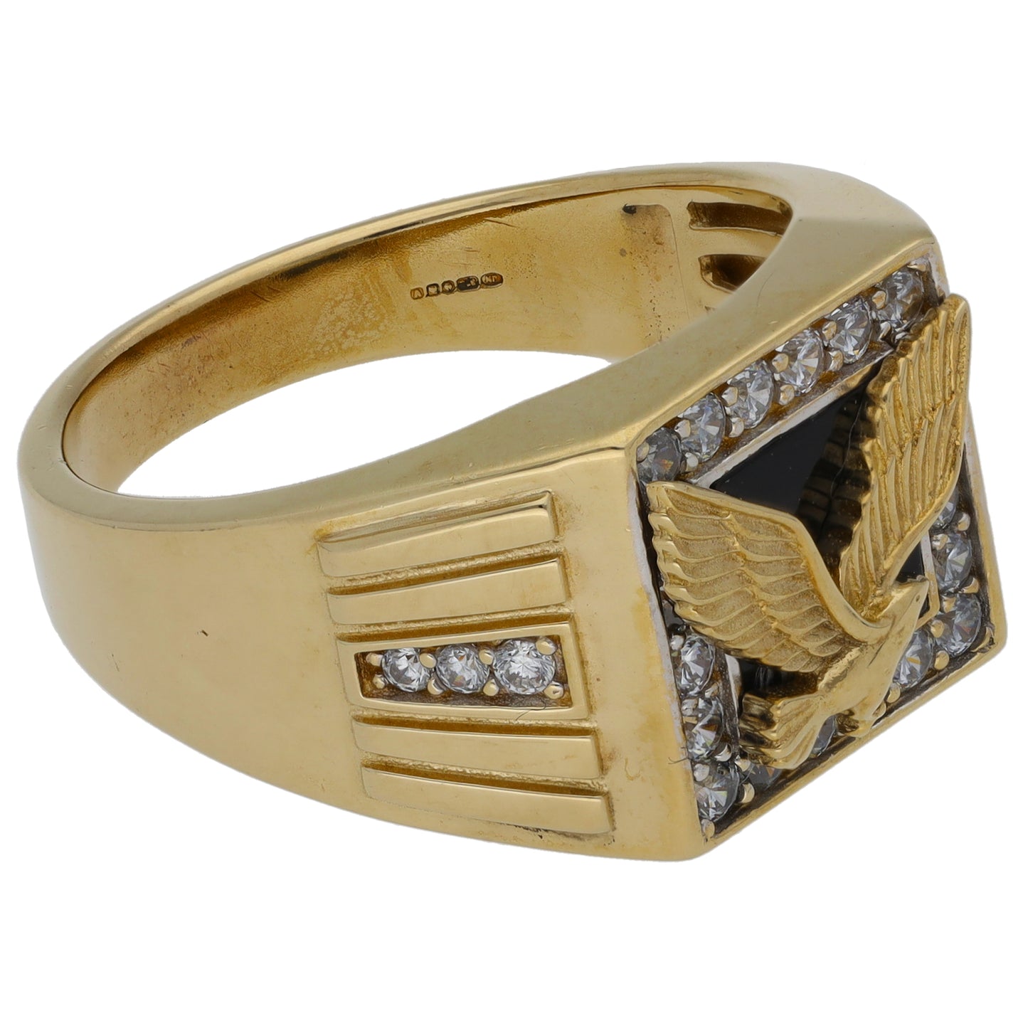 9ct Gold Onyx & Cubic Zirconia Patterned Signet Ring Size Y