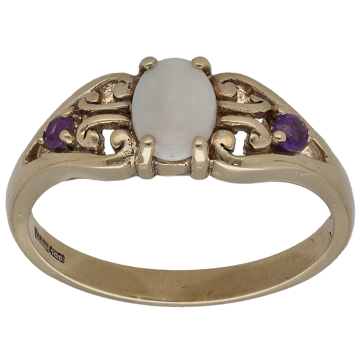Gold cocktail ring with oval opal stone and two purple amethyst side stones