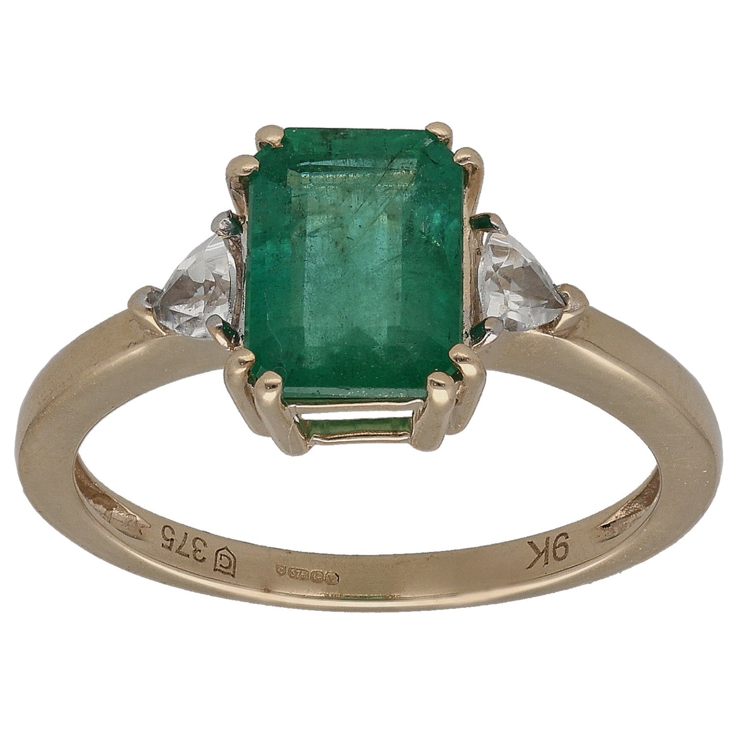 9ct gold three-stone ring with square green emerald center and clear side stones