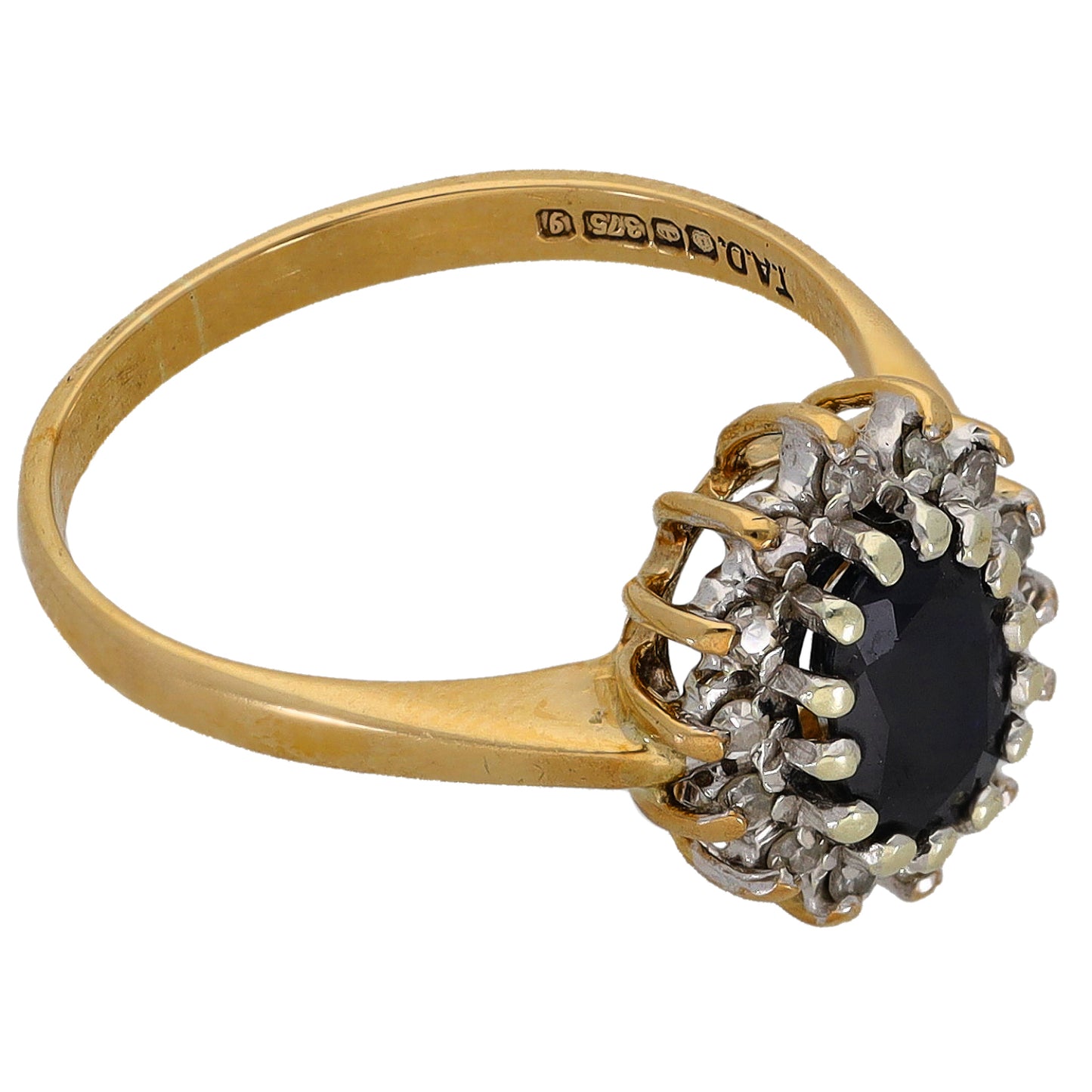 9ct Gold Sapphire & 0.07ct Diamond Cluster Ring Size M