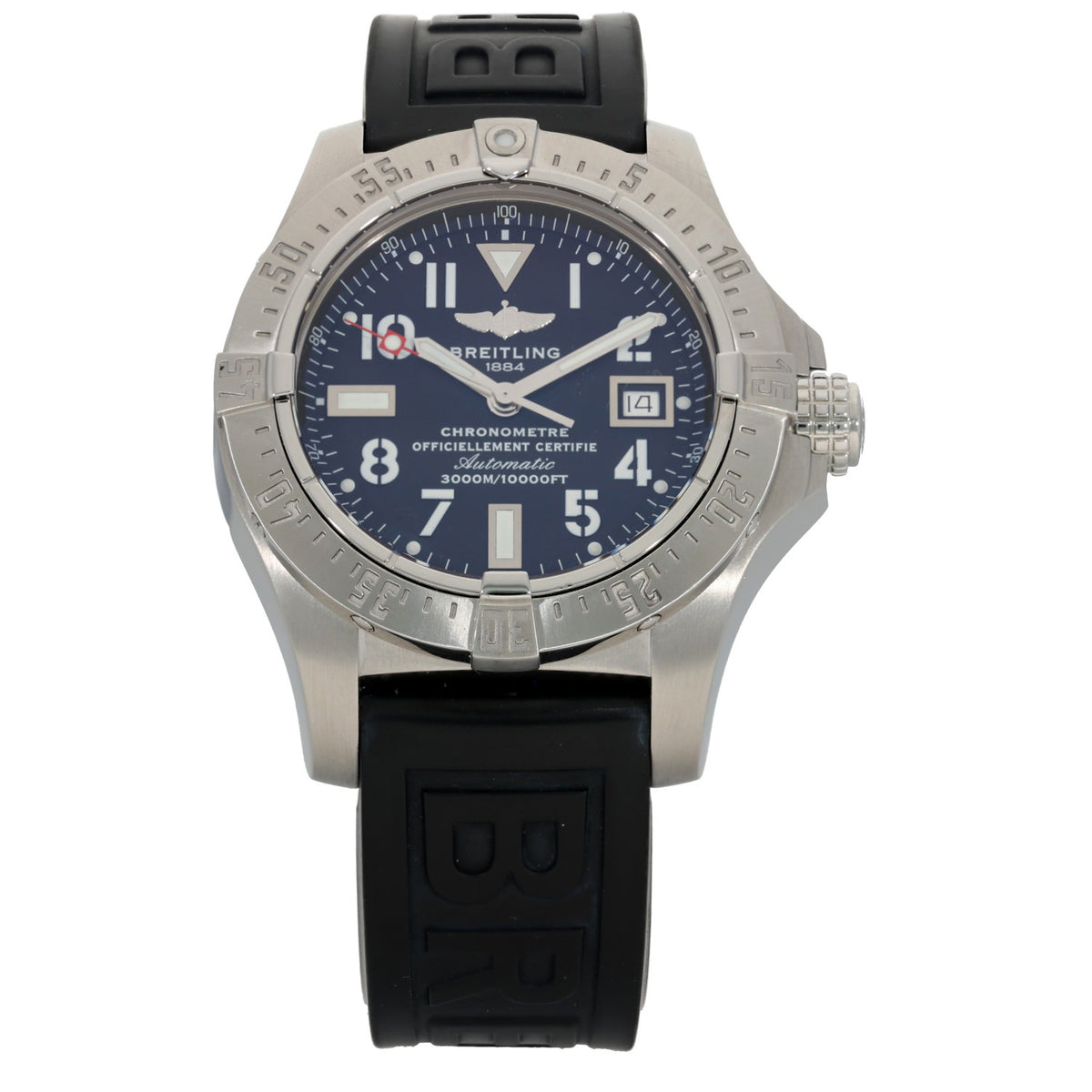 Breitling Avenger II A17330 Stainless steel chronograph wristwatch with dark blue dial and black rubber strap