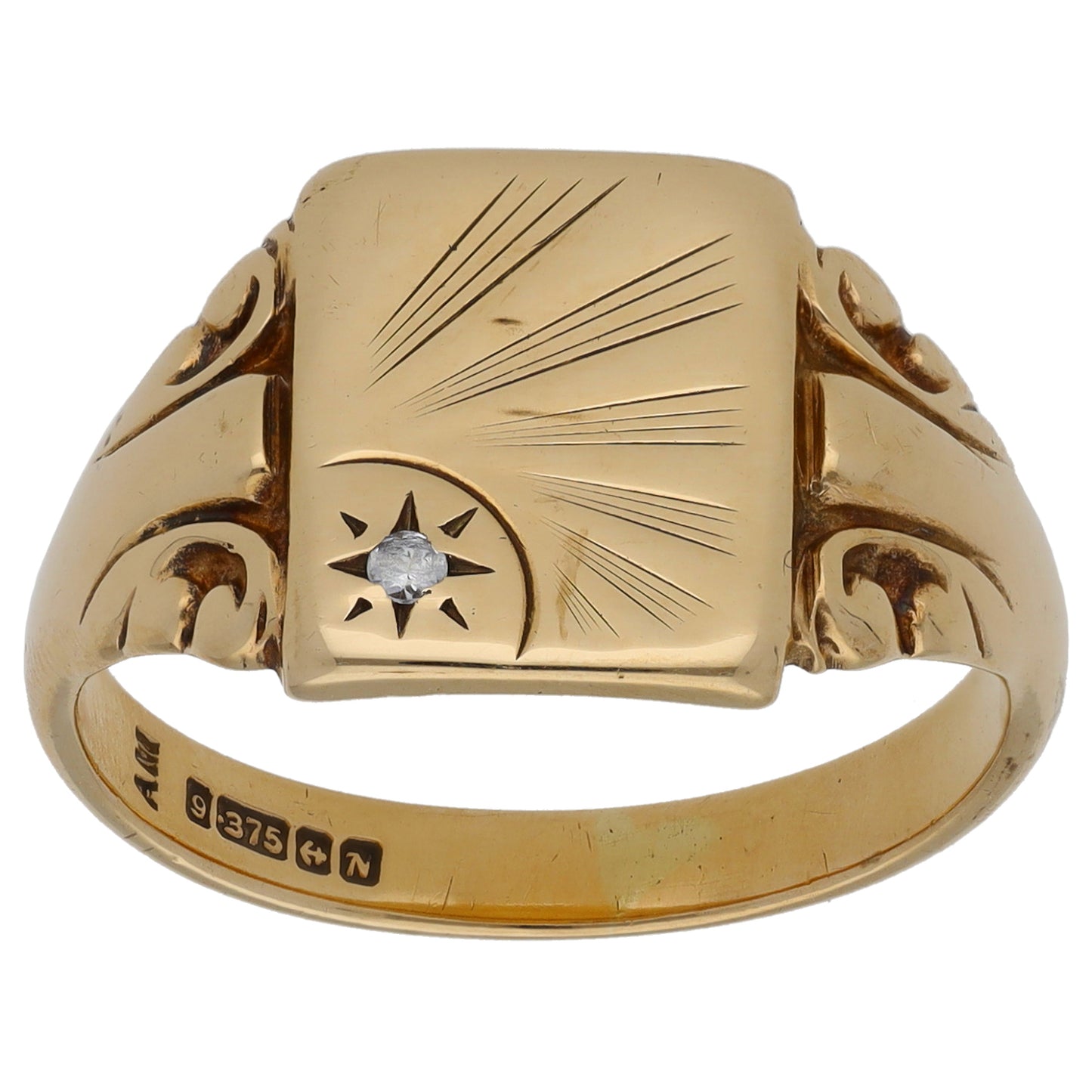 9ct Gold Cubic Zirconia Patterned Single Stone Signet Ring Size R