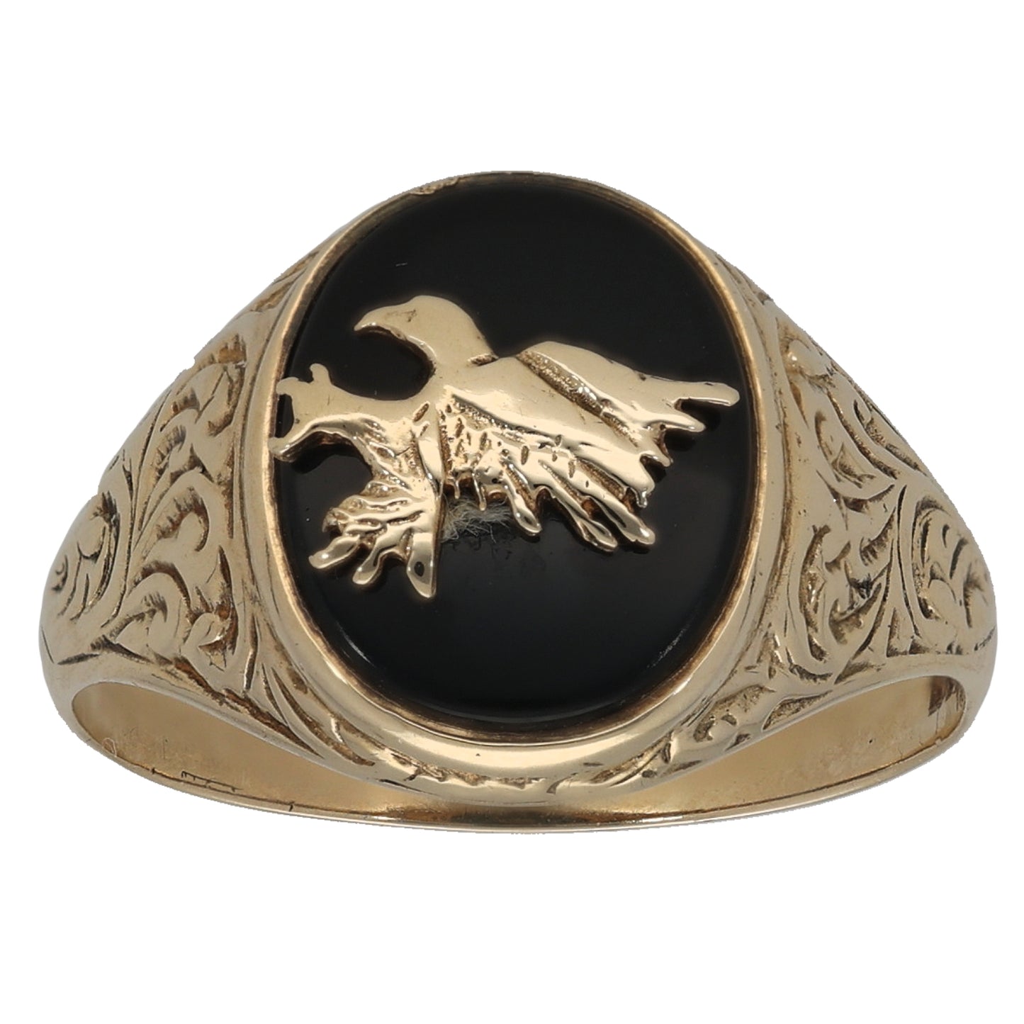 9ct Gold Onyx Crest/Emblem Single Stone Signet Ring Size Q