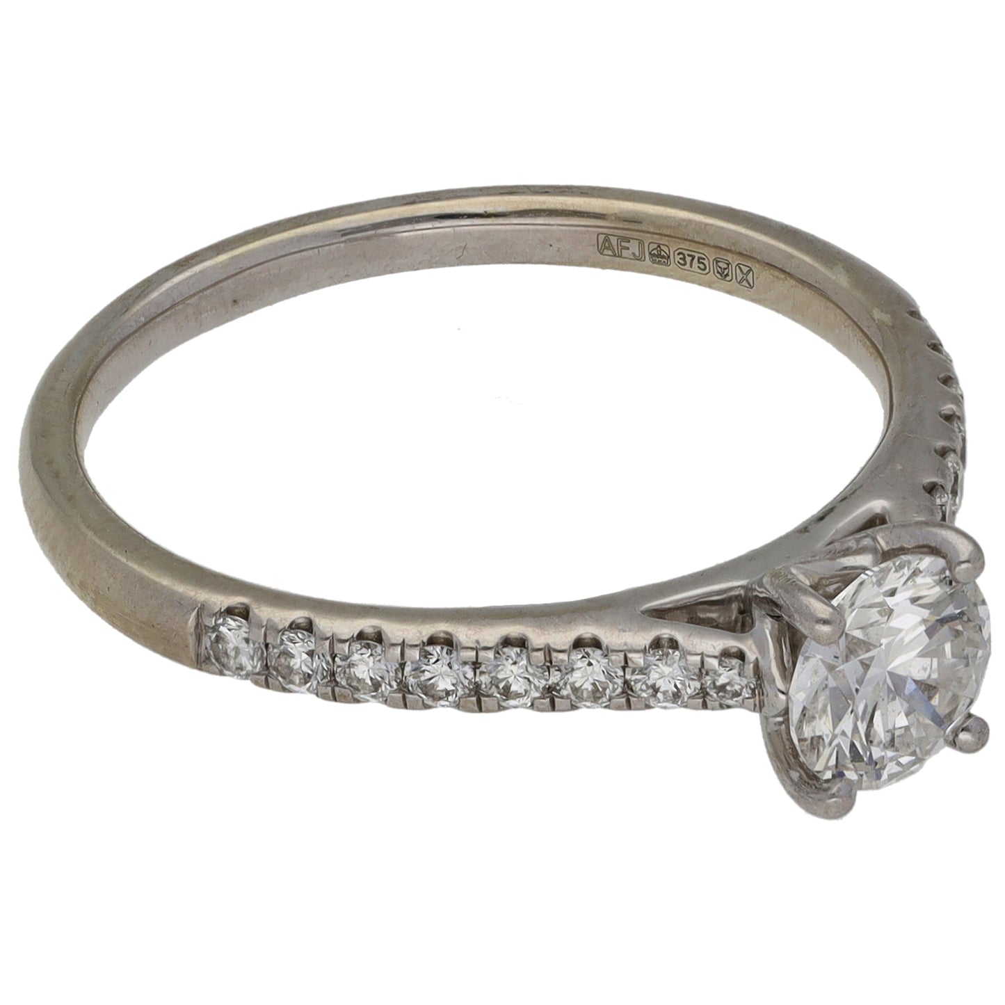 9ct White Gold 0.66ct Diamond Solitaire Ring With Accent Stones Size L