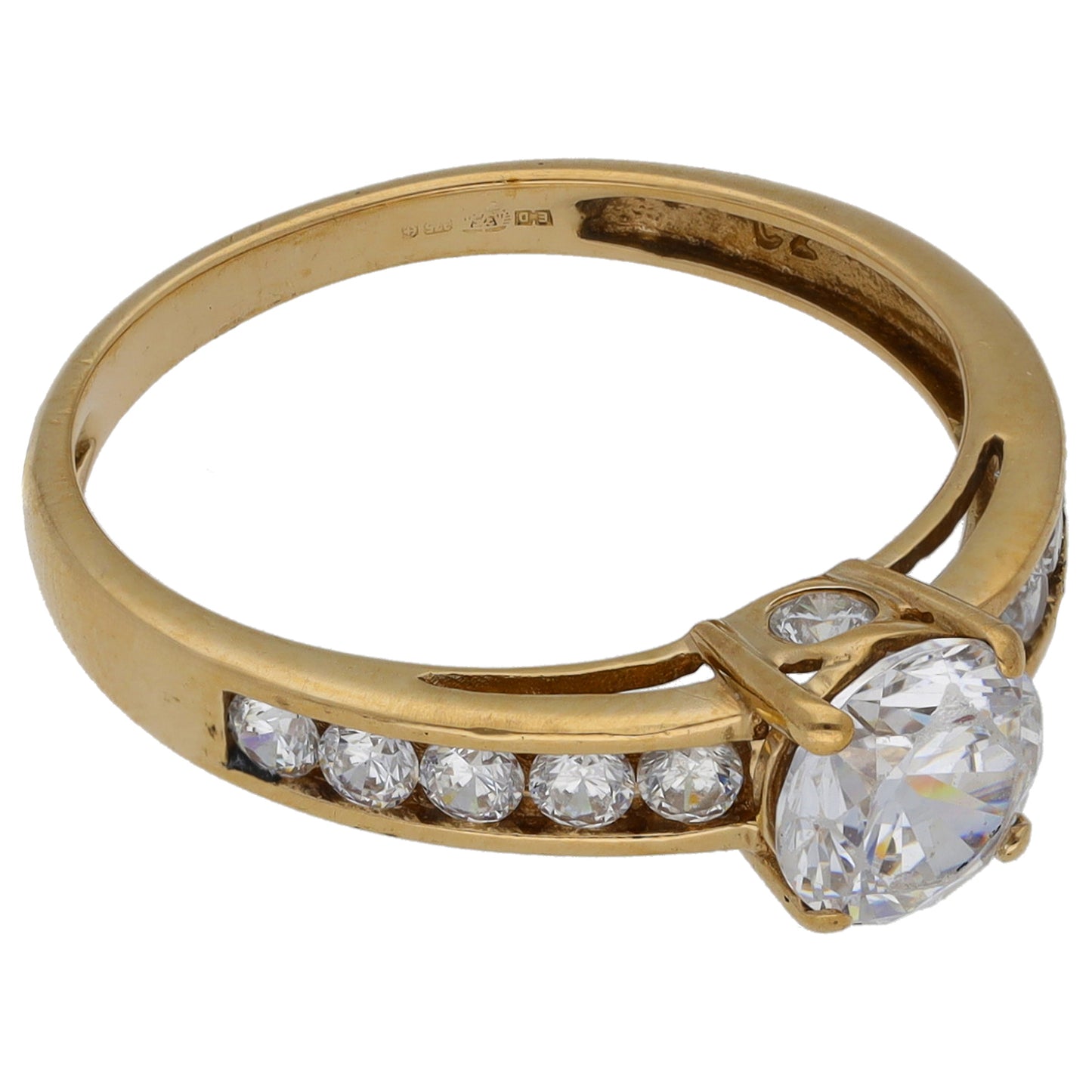 9ct Gold Cubic Zirconia Single Stone Ring with Accent Stones Size M