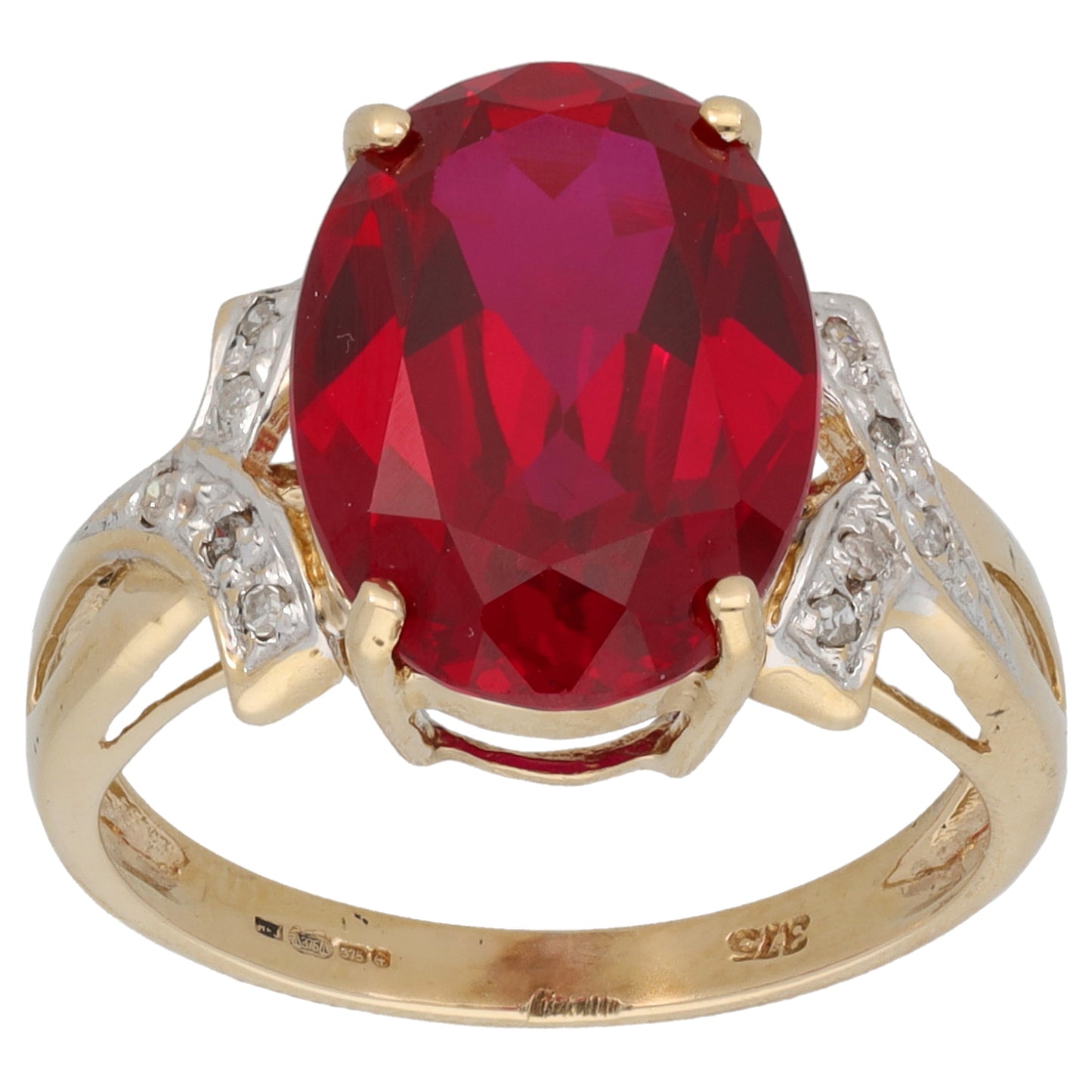 9ct Bicolour Gold Man Made Ruby & 0.05ct Diamond Single Stone Ring with Accent Stones Size N