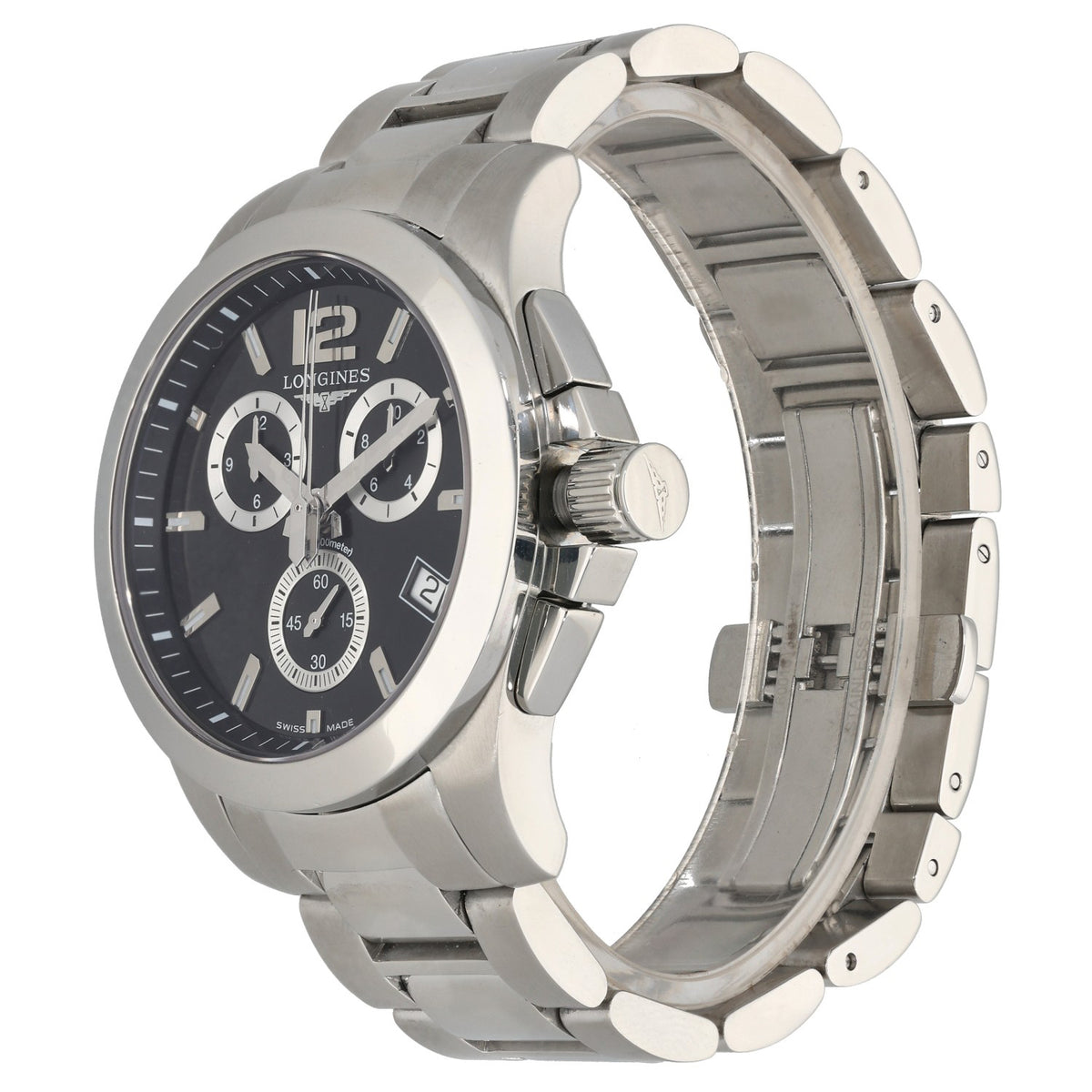 Longines Conquest L3.660.4, lack dial watch with subdials in a 41mm stainless steel case, front angled picture