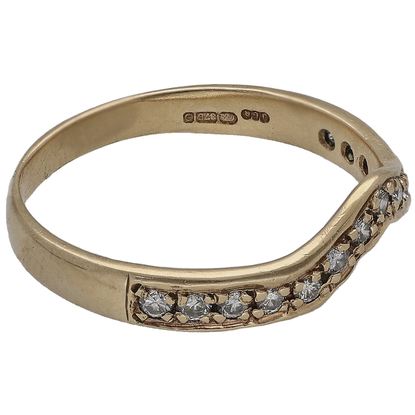 9ct gold half eternity ring with inside hallmarks and round diamond setting detail