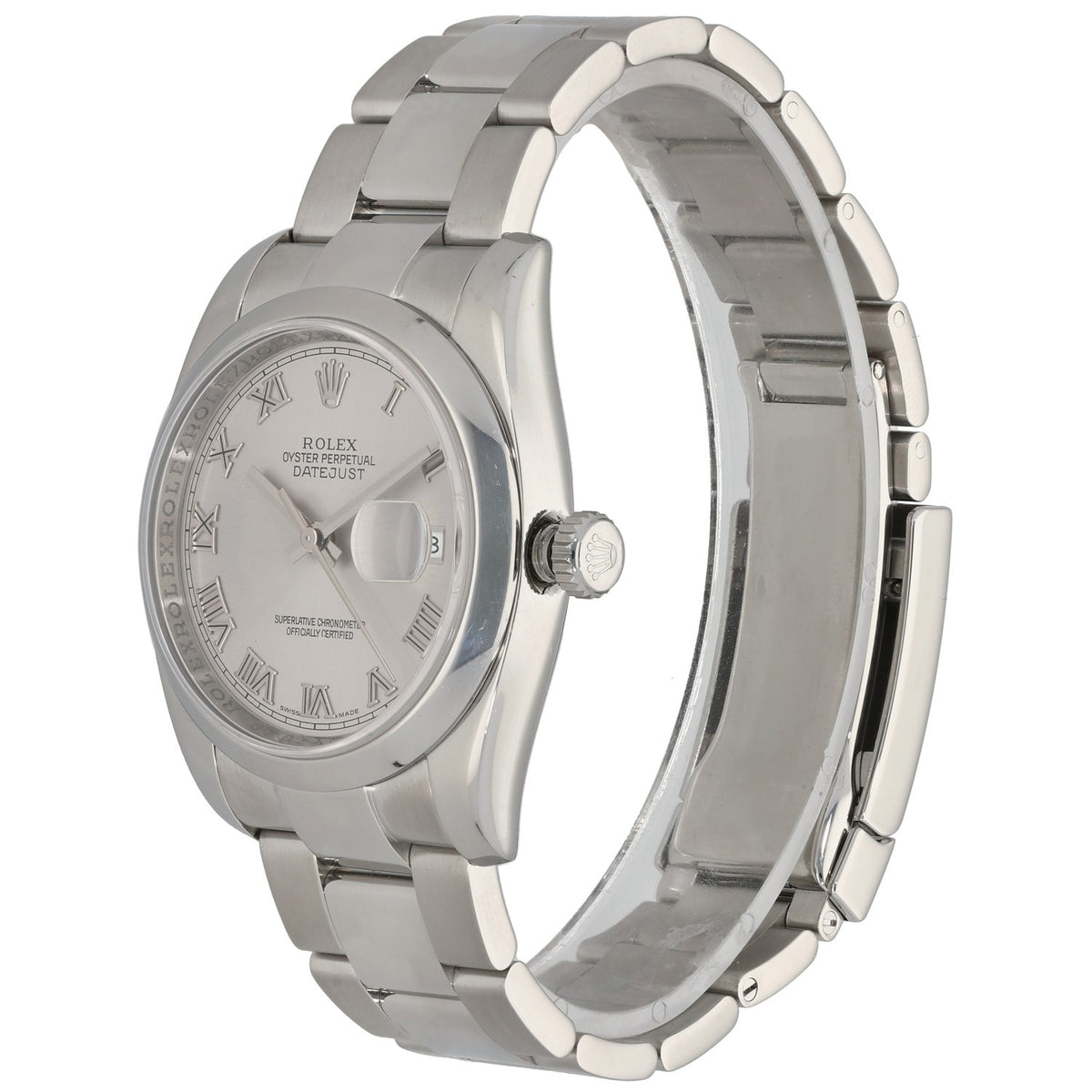 Rolex Datejust 116200 Stainless steel wristwatch with silver dial, crown at side, and bracelet