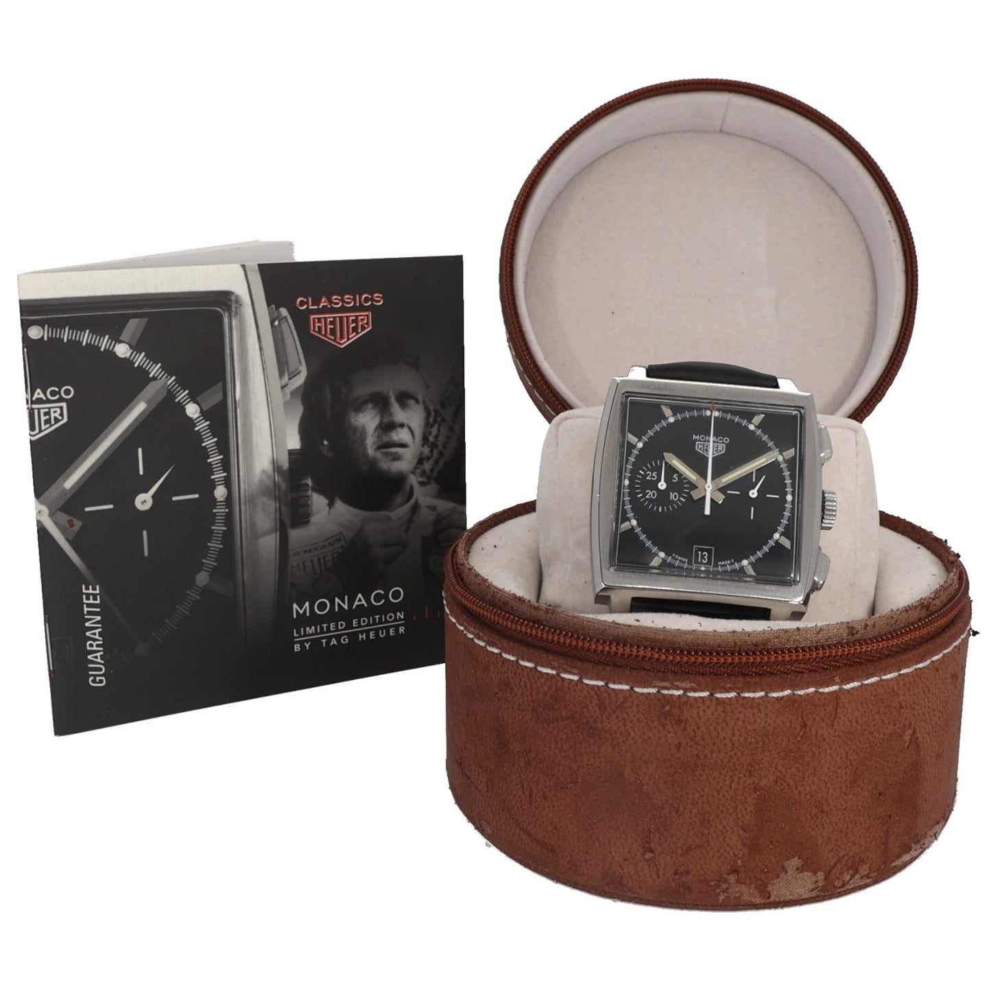 Tag Heuer Monaco CS2110 watch on display cushion, black dial and black leather strap