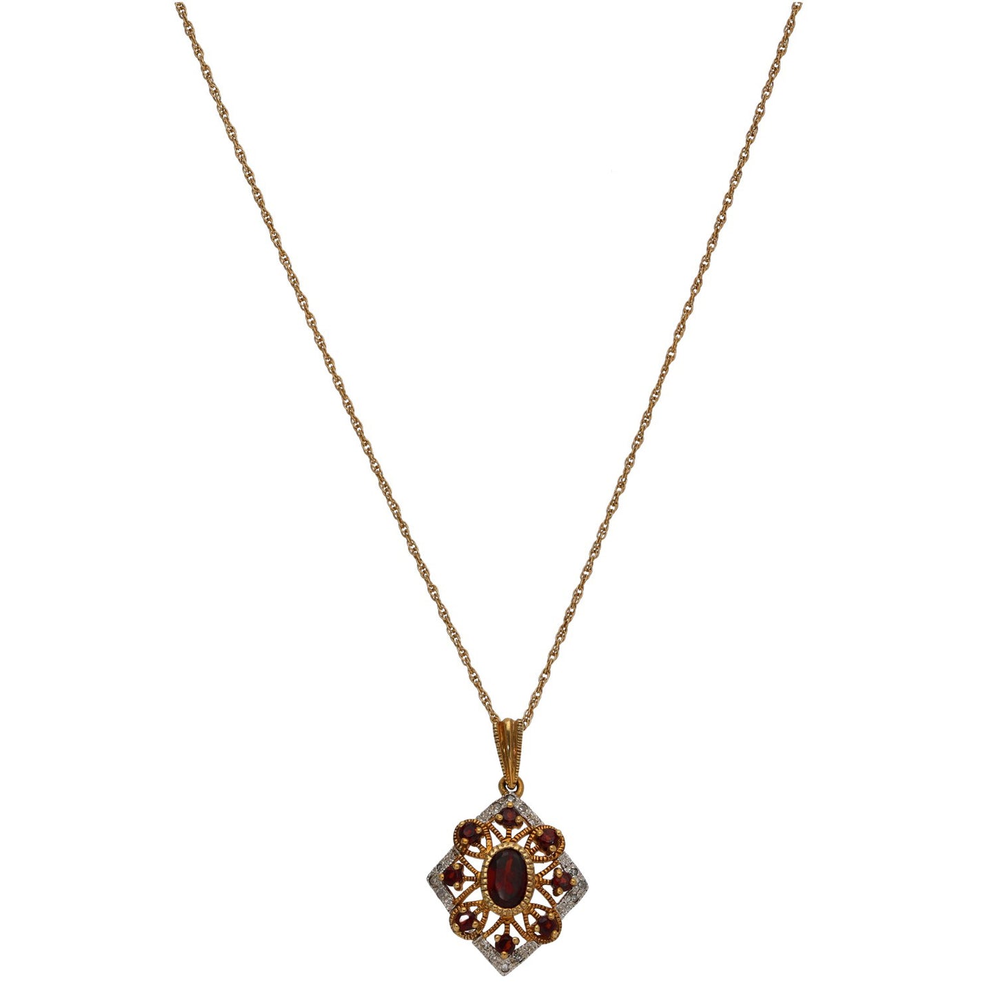 9ct Gold Garnet & 0.06ct Diamond Dress/Cocktail Pendant With Chain