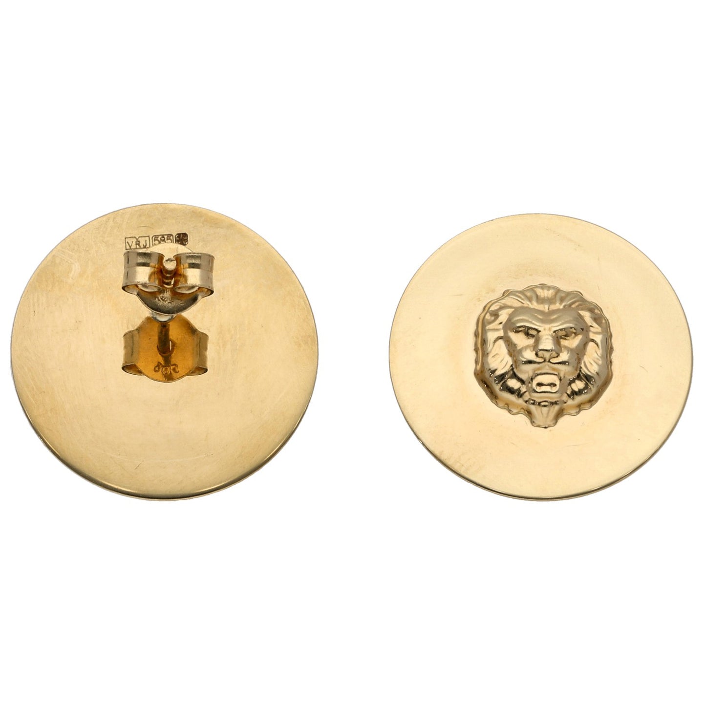 New 14ct Gold Lion's Head Circle Stud Earrings