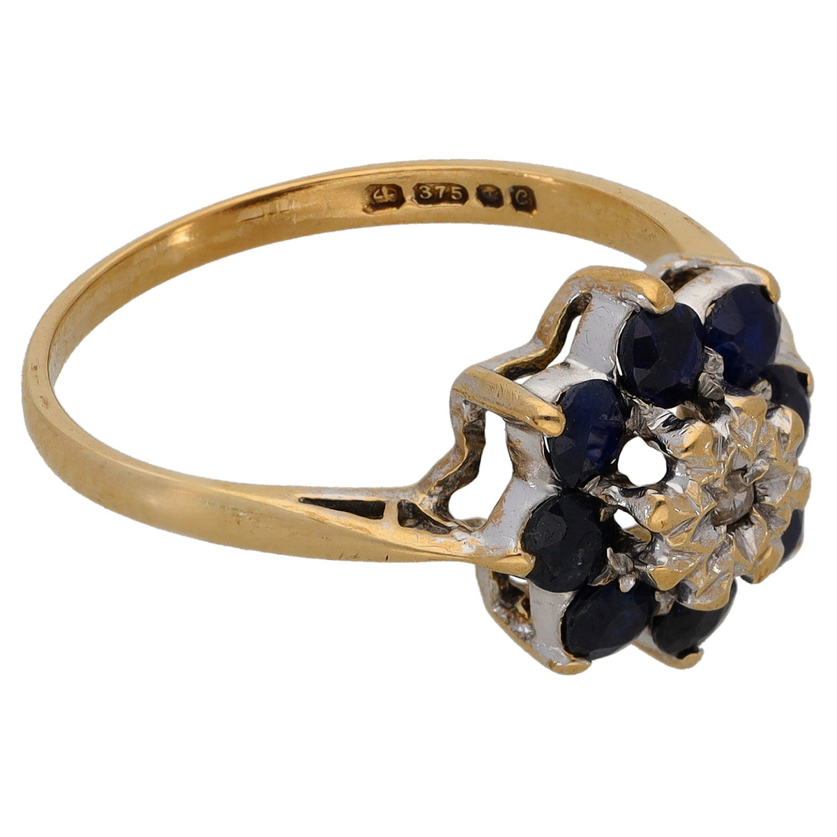 9ct Gold Sapphire & 0.01ct Diamond Cluster Ring Size O