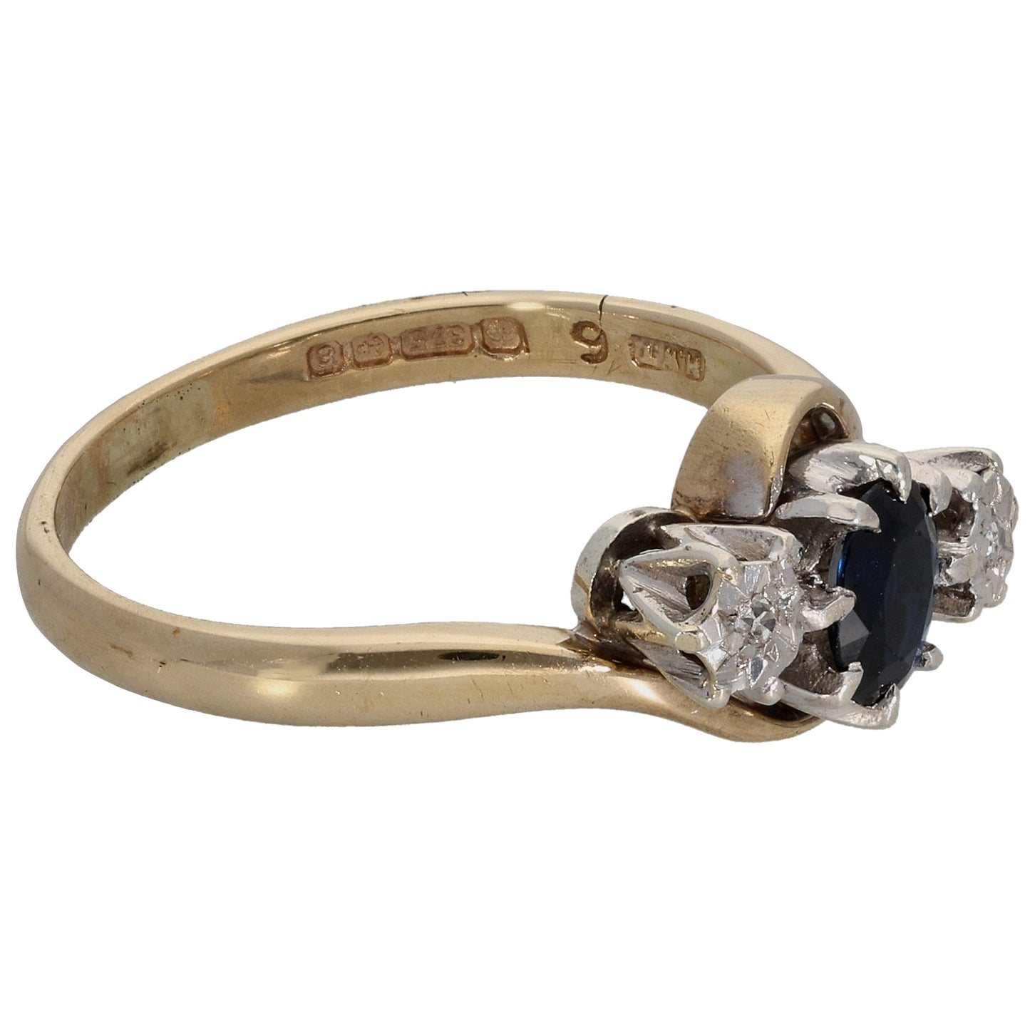 9ct Bicolour Gold Sapphire & 0.02ct Diamond Trilogy Ring Size N