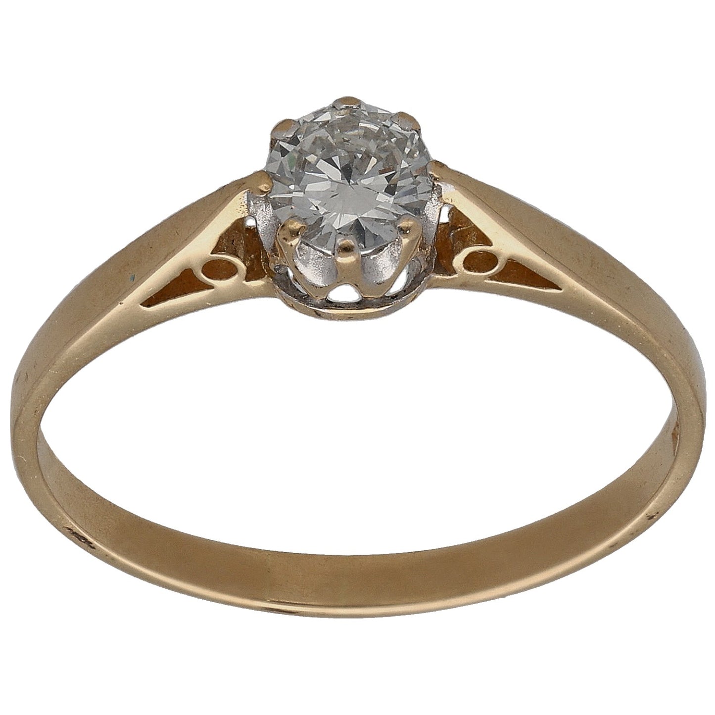 Gold solitaire diamond ring with round center stone and openwork shoulders