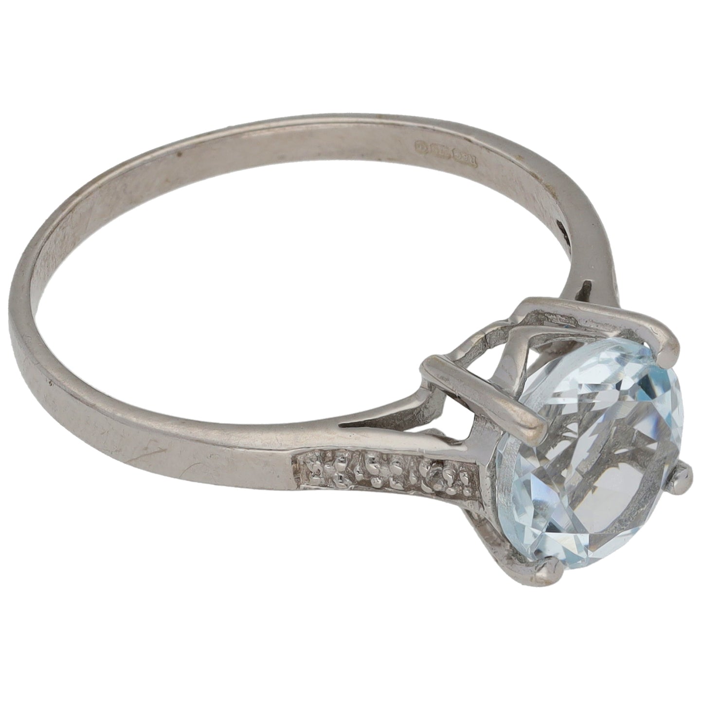 9ct White Gold Aquamarine & Cubic Zirconia Single Stone Ring with Accent Stones Size P