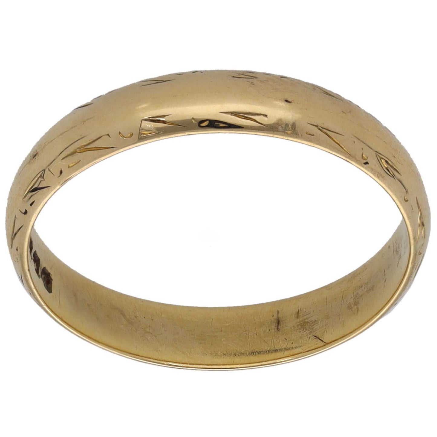 Gold wedding ring band with subtle engraved pattern, plain profile